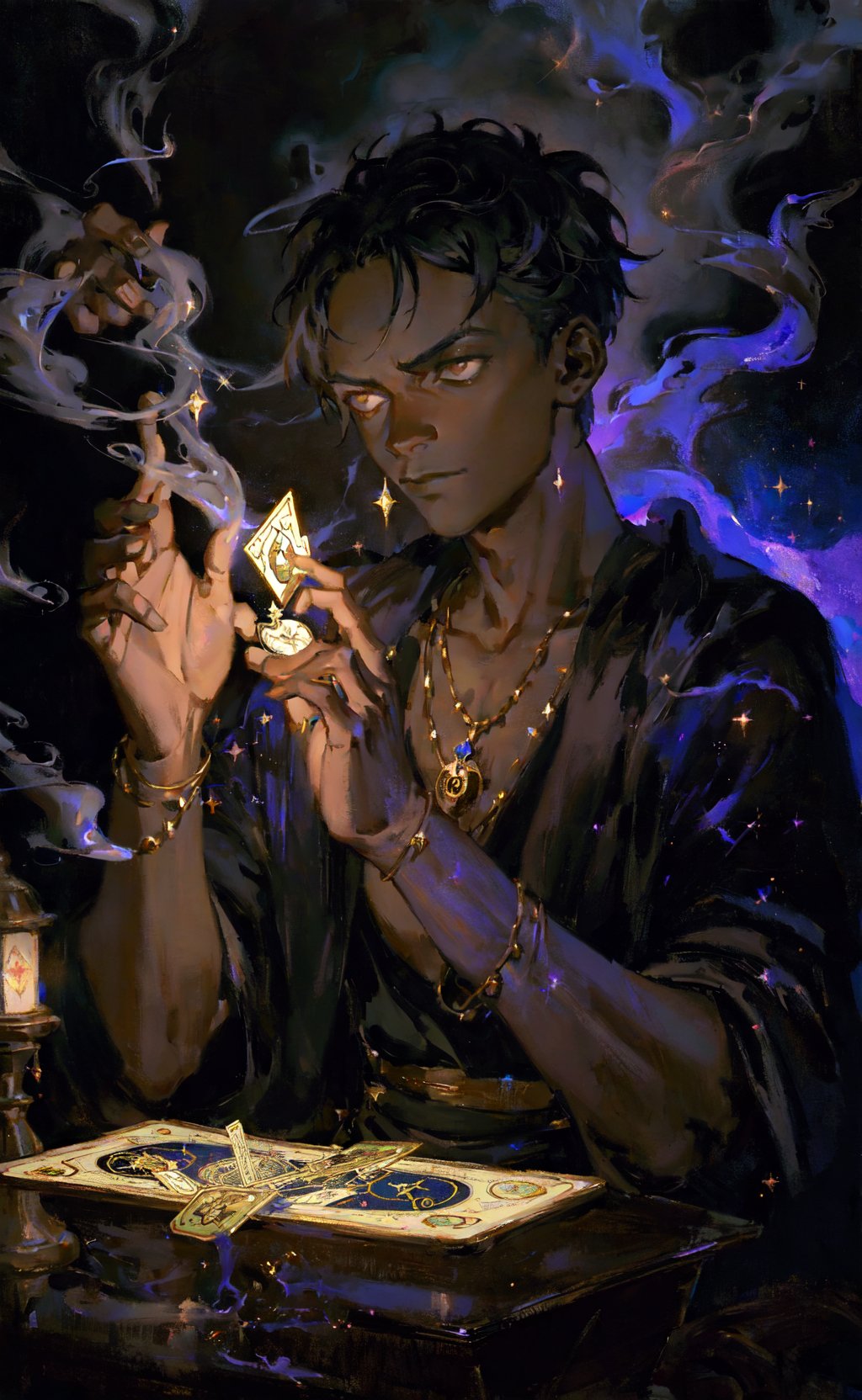 oil painting, realistic, 1boy, fortune teller, tarot cards, dark skin, mystical, magical, glow, glowing, dark magical lighting, moody, cinematic, sparkle, glittering, darkness, smoke