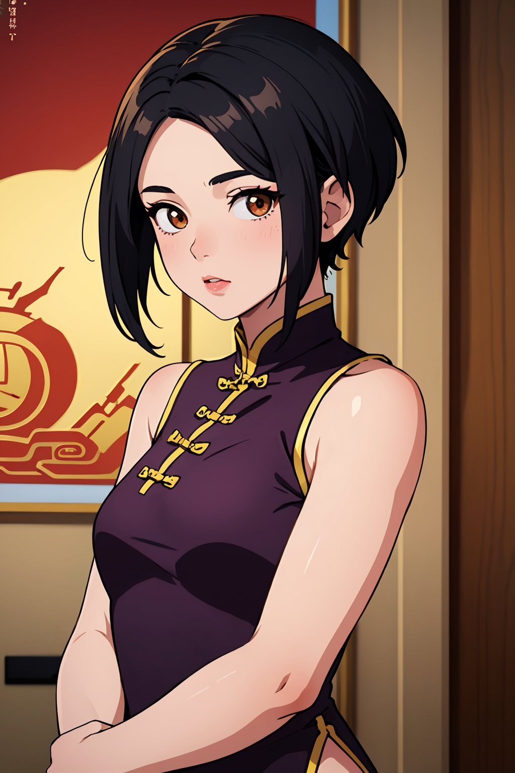 (best quality:1.4),(masterpiece:1.4),(8K:1.4),(extremely detailed:1.4),1girl,solo,brown eyes,(upper body:1.2),looking at viewer,short hair,black hair,chinese clothes,full body,