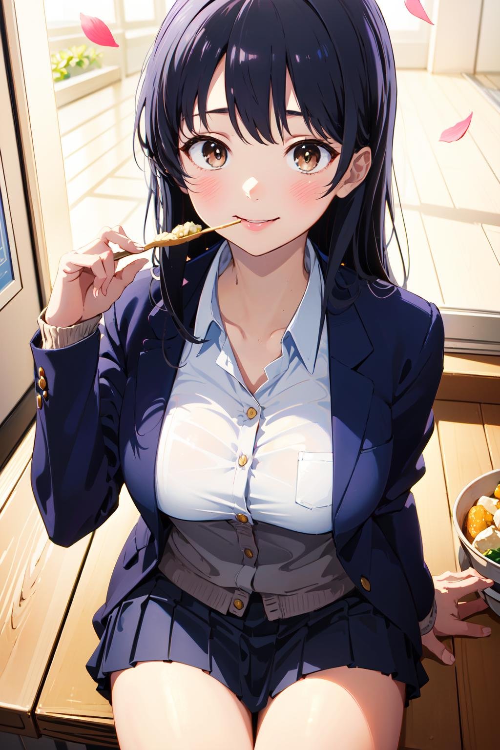 (masterpiece:1.2),best quality,PIXIV,Anna yamada,1girl,solo,skirt,breasts,looking at viewer,shirt,sitting,long hair,school uniform,blush,jacket,white shirt,pleated skirt,bangs,large breasts,brown eyes,collared shirt,blazer,black hair,cardigan,food,blue jacket,between legs,long sleeves,smile,dress shirt,petals,white background,eating,blue hair,brown cardigan,miniskirt,open clothes,<lora:Anna yamada-000016:0.8>,