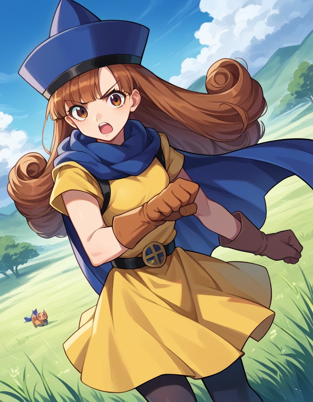 score_9, score_8_up, score_7_up, source_anime,dqalena, <lora:dq-alena-ponyxl-lora-nochekaiser:1>,alena, brown eyes, brown hair, curly hair, long hair,cape, dress, gloves, hat, pantyhose, yellow dress, scarf, short sleeves,outdoors, plains, grass, fighting stance,looking at viewer, dutch angle, cowboy shot,