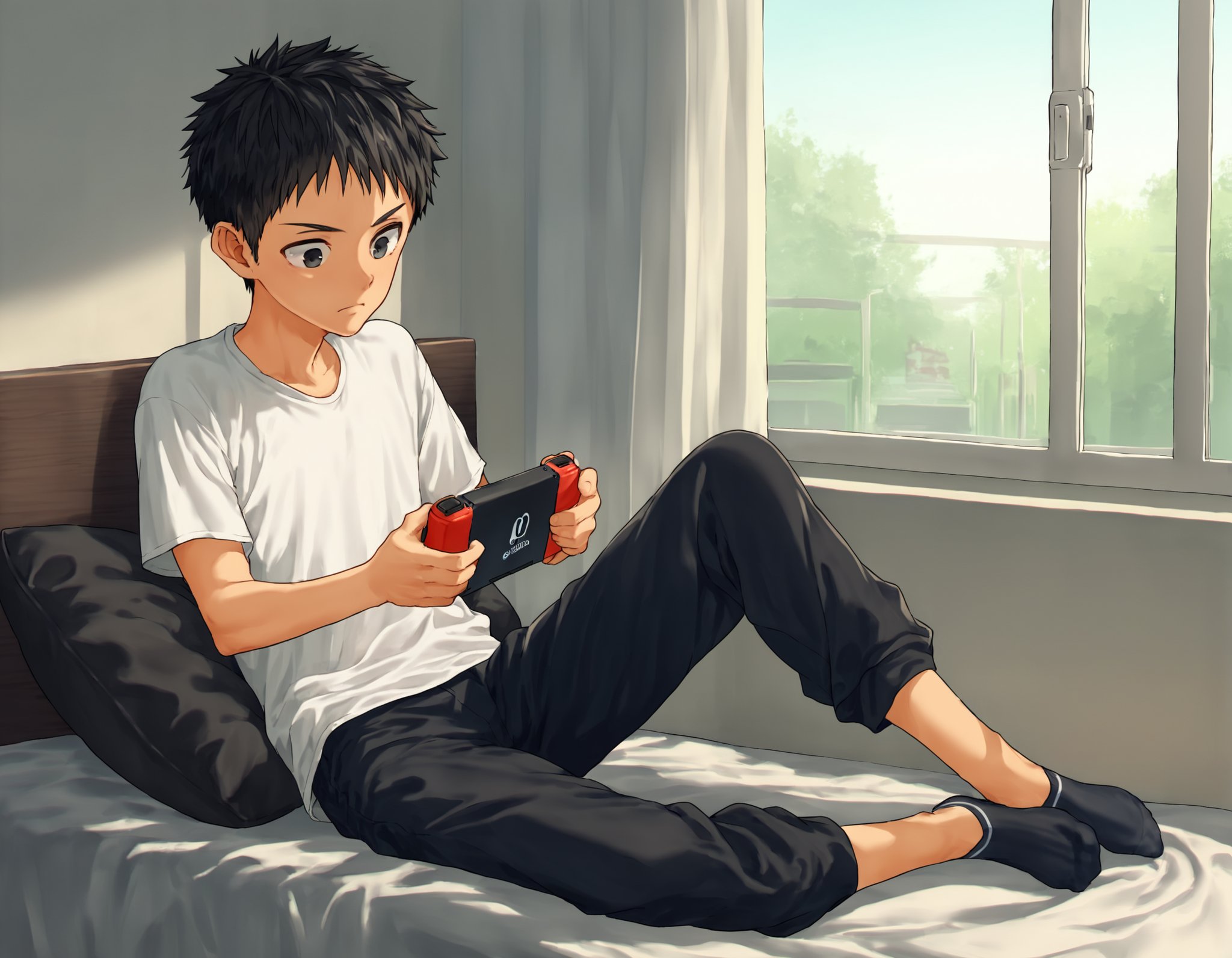 score_9, score_8_up, score_7_up, score_6_up, source_anime, indoors, on bed, against wall, window, sunlight, 1boy, black hair, black eyes, solo, t-shirt, pants, sitting, playing nintendo switch, black ankle socks <lora:fujimodoki-amxl-v1c-ShoAI:1>