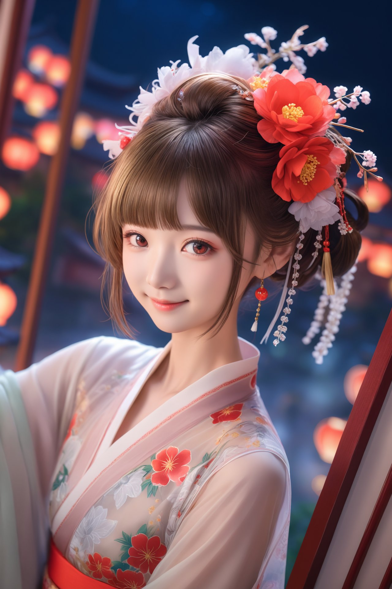 (masterpiece),(best quality),illustration,ultra detailed,hdr,Depth of field,(colorful),night,1girl,solo,red eyes,looking at viewer,hair ornament,short hair,upper body,brown hair,blurry,ahoge,bangs,see-through,depth of field,hanfu,smile,floral print,closed mouth,