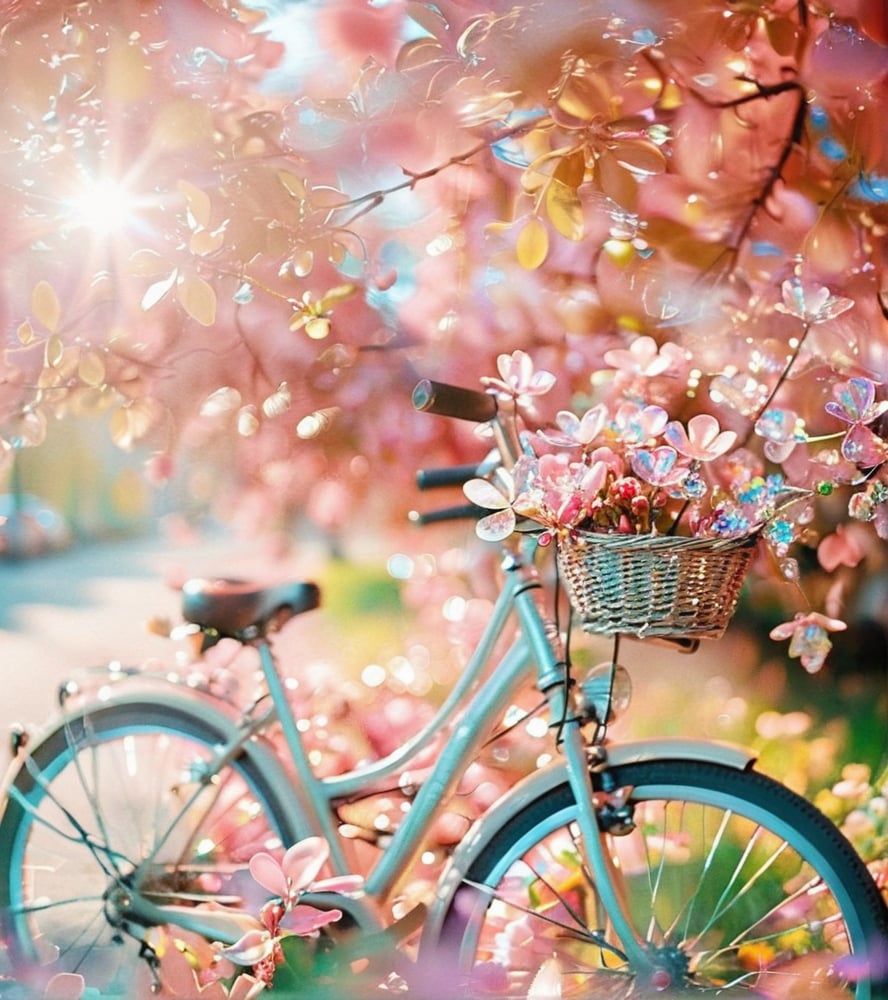 <lora:贝壳色彩-000003:0.8>,Shell rainbow color,shiny textures,Shell rainbow color,bicycle,pink flowers,bokeh,shallow depth of field,floral,spring,dreamy atmosphere,blurred background,soft focus,nature,outdoor,gentle light,romantic,foliage,bicycle frame,reflective surfaces,sunlight,ephemeral.,blurred lens,