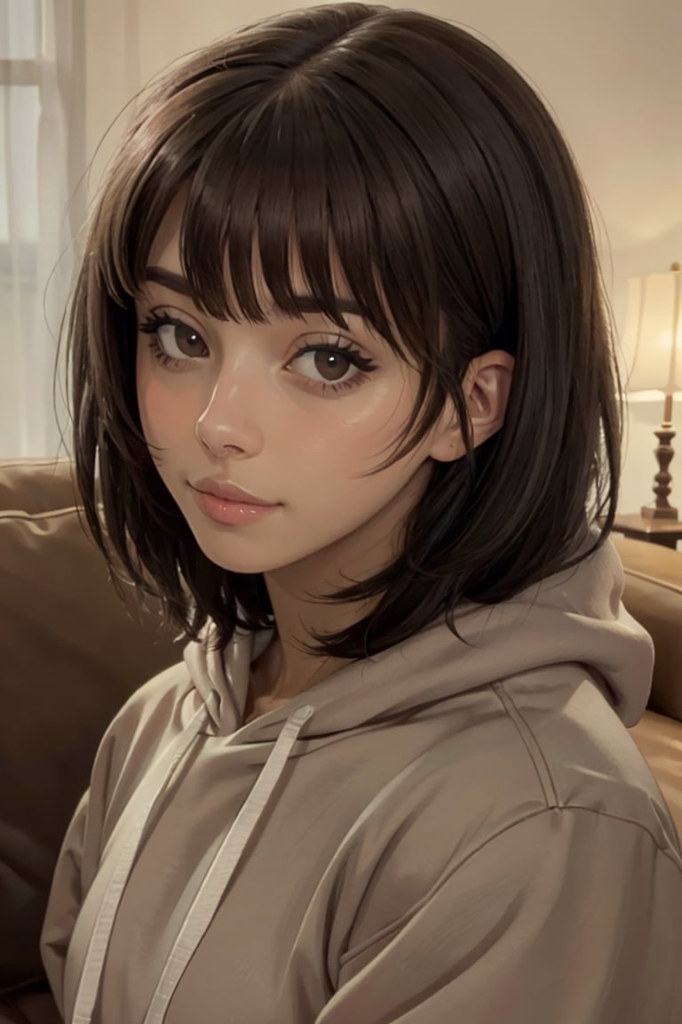 looking at viewer, (portrait, close up:1.2), parted lips,lexupdog, 1girl, lips,  medium black hair, blunt end bangs, brown eyes, overside cozy hoodie,realistic, picturesque, indoors, overcast, raining, couch, cozy lighting, depth of field, <lora:lexupdog_v3-04:0.8>