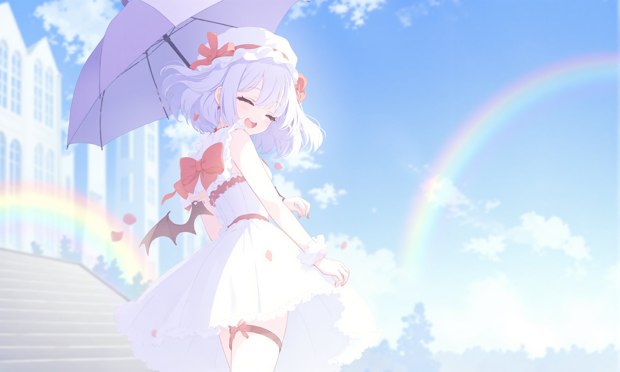 1girl,    sleeveless dress, garter straps, white skin, holding umbrella, blue sky, hat bow, dress lift, ribbon, wrist cuffs, smile, rainbow, looking at viewer, sleeveless, eyelashes, medium hair, white dress, umbrella, alternate costume, mob cap, short hair, parted bangs, solo, fingernails, nail polish, floating hair, one eye closed, hair between eyes, red nails, short dress, petals, necklace, wind, stairs, jewelry, bare arms, falling petals, blurry, bat wings, depth of field, cloud, bow, red ribbon, white hat, thighhighs, fang, red bow, light rays, red wings, head tilt, outdoors, colored skin, dress, transparent, wind lift, low wings, holding, open mouth, day, wings, standing, purple umbrella, cowboy shot, hat, light purple hair, red eyes, sky, clothes lift <lora:BastylrV2:1>