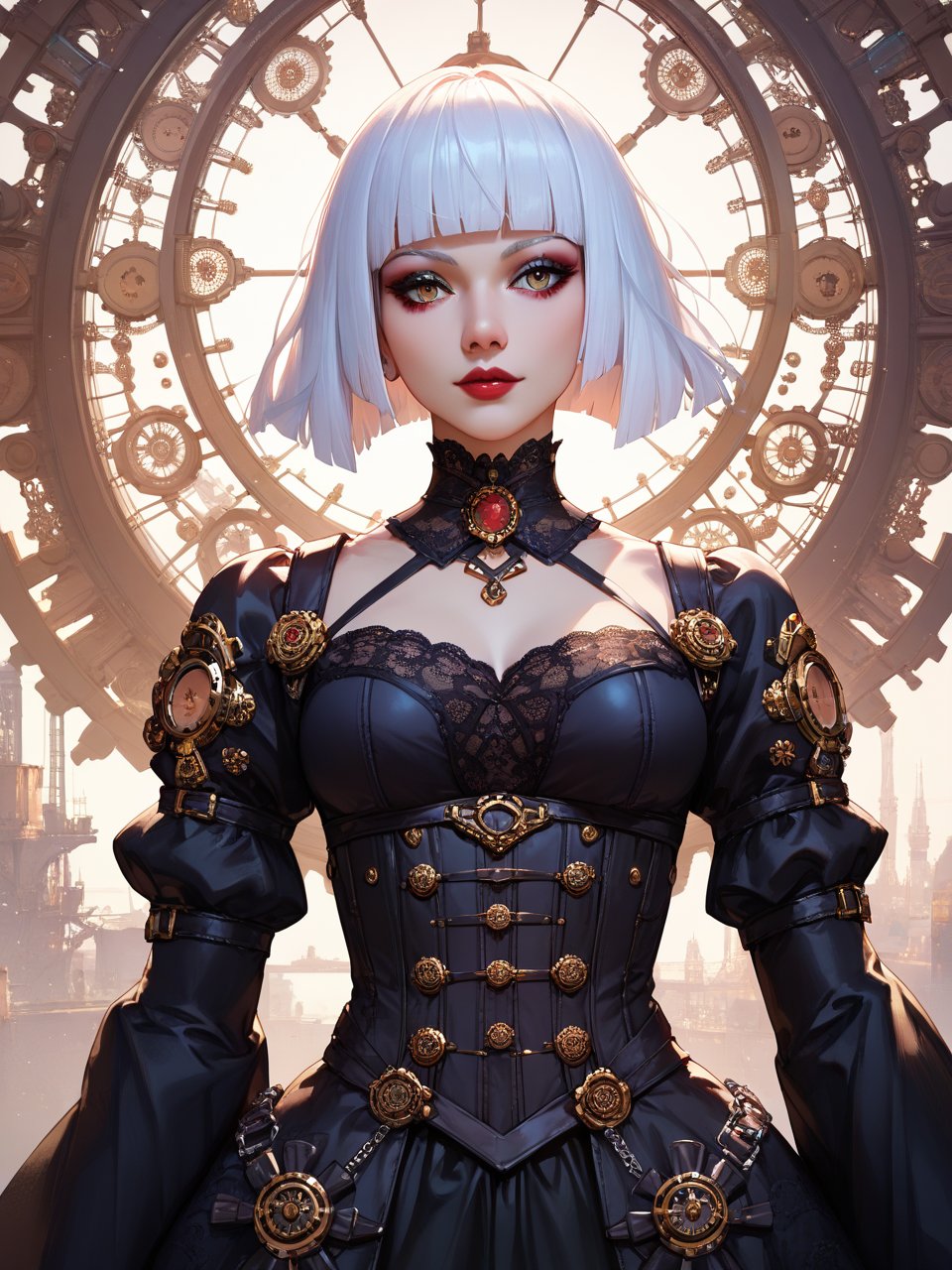 score_9,score_8_up,score_7_up,1girl,solo,cowboy shot,white hair,A beautiful portrait of a gorgeous woman,gothic,bohemian,sci-fi,steampunk,futuristic,short hair,hime cut,