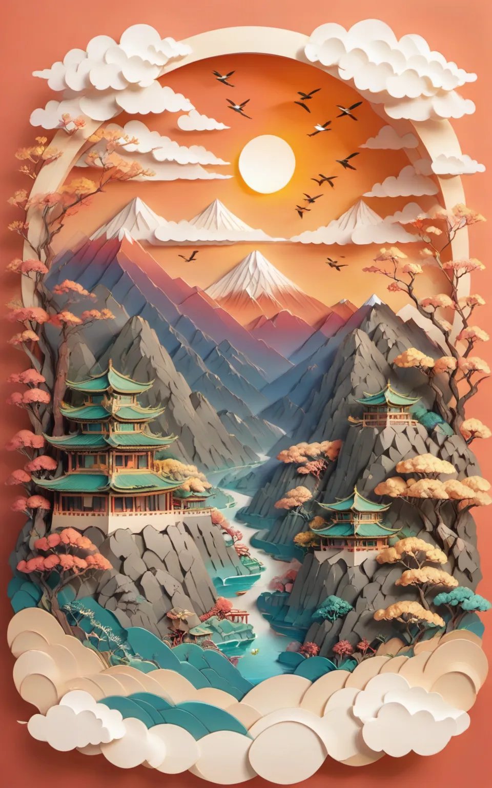 jzys, mountain, no humans, mount fuji, bird, cloud, volcano, tree, sky, sun, outdoors, pine tree, day, smoke, lava, eagle, nature, red sky, landscape, cliff, watermark, web address, volcanic ash, scenery, bamboo, eastern dragon, crane \(animal\), fire, dragon, flying, spire, water <lora:jzys:1>