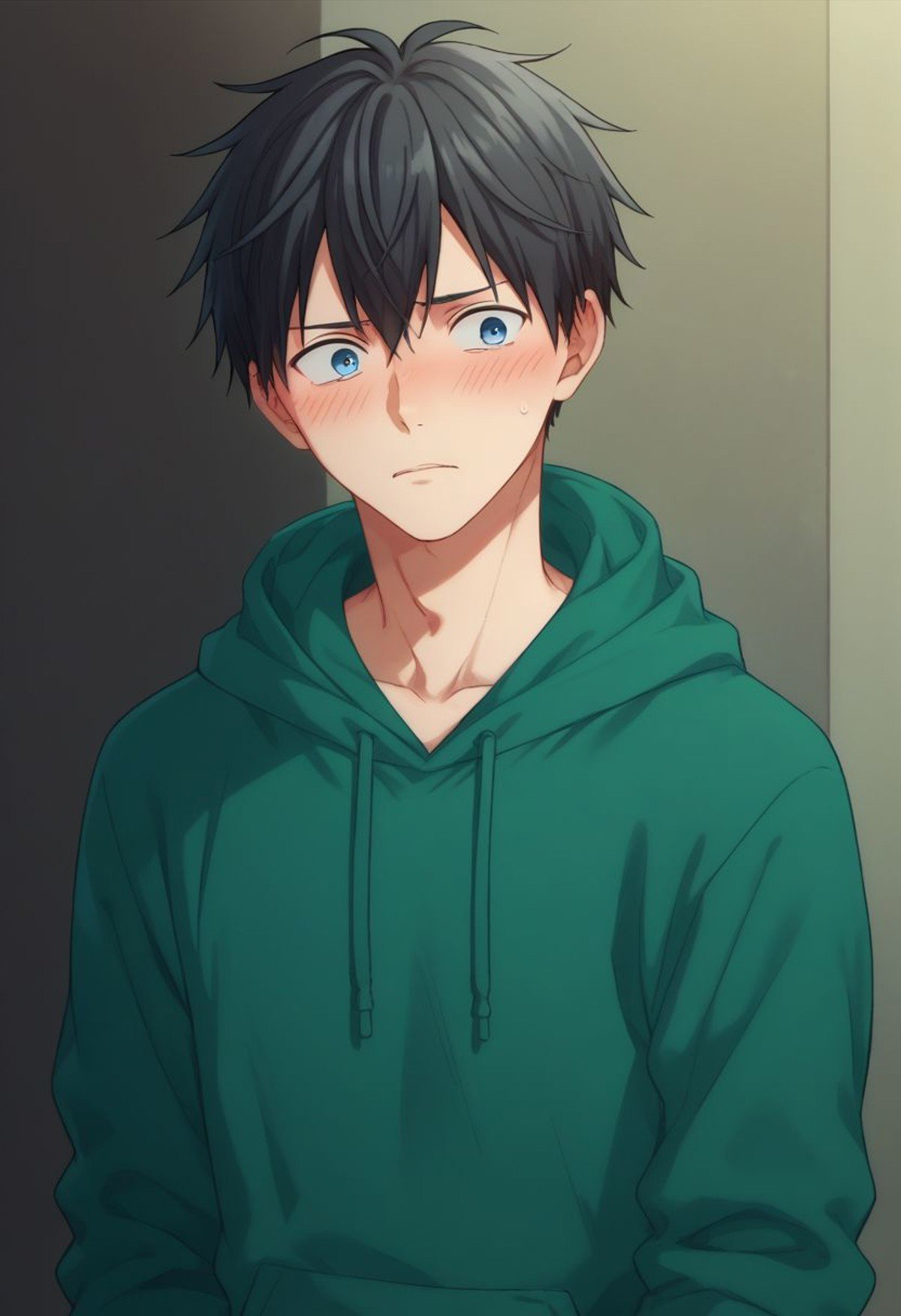 score_9, score_8_up, score_7_up, source_anime, highly detailed, skinny, short neck,ueno, 1boy, male focus, solo, black hair, blue eyes, green hoodie, hood, blush, embarassed, pants, upper body,indoor,