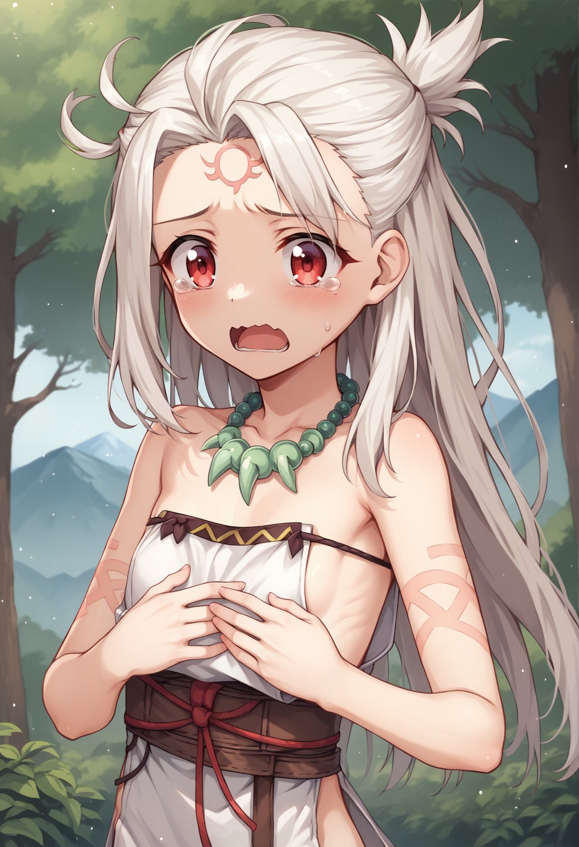 fate/kaleid liner prisma illya, 1girl, illyasviel von einzbern, white hair, red eyes, flat chest, body markings, facial mark, forehead mark, jewelry, white dress, sideboob, side slit, necklace, magatama, magatama necklace, sash, no bra, no panties, covering breasts, covering crotch, outdoors, mountain, forest, tears, nervous, open mouth, upper body, portrait <lora:Himiko:0.8>, score_9, score_8_up, score_7_up, score_6_up, score_5_up, score_4_up, BREAK source_anime, masterpiece