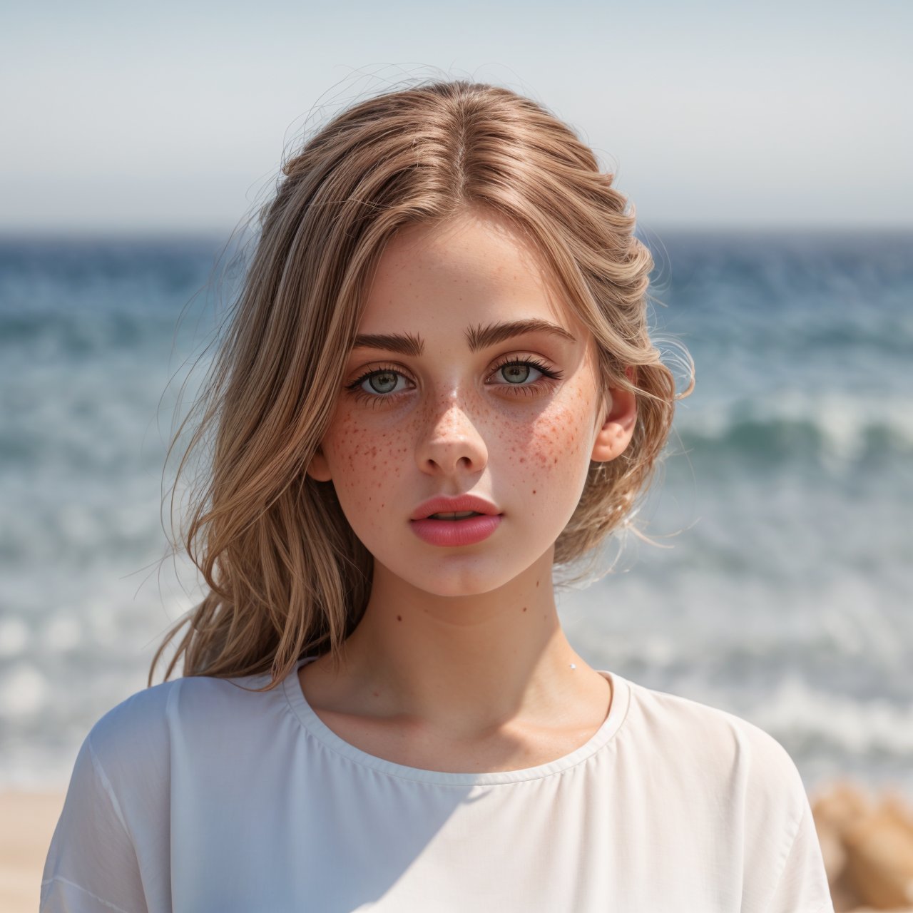 HD quality, HD, HQ, 4K distant short of adorable (AIDA_LoRA_InWo2023:1.13) <lora:AIDA_LoRA_InWo2023:0.84> in (simple white shirt:1.1), [stunning girl], glossy skin with visible pores and freckles, pretty face, flirting, cinematic, kkw-ph1, (colorful:1.1), (on the seashore:1.1), sea, sand, sky, (on the beach:1.1), sunlight, outdoors 