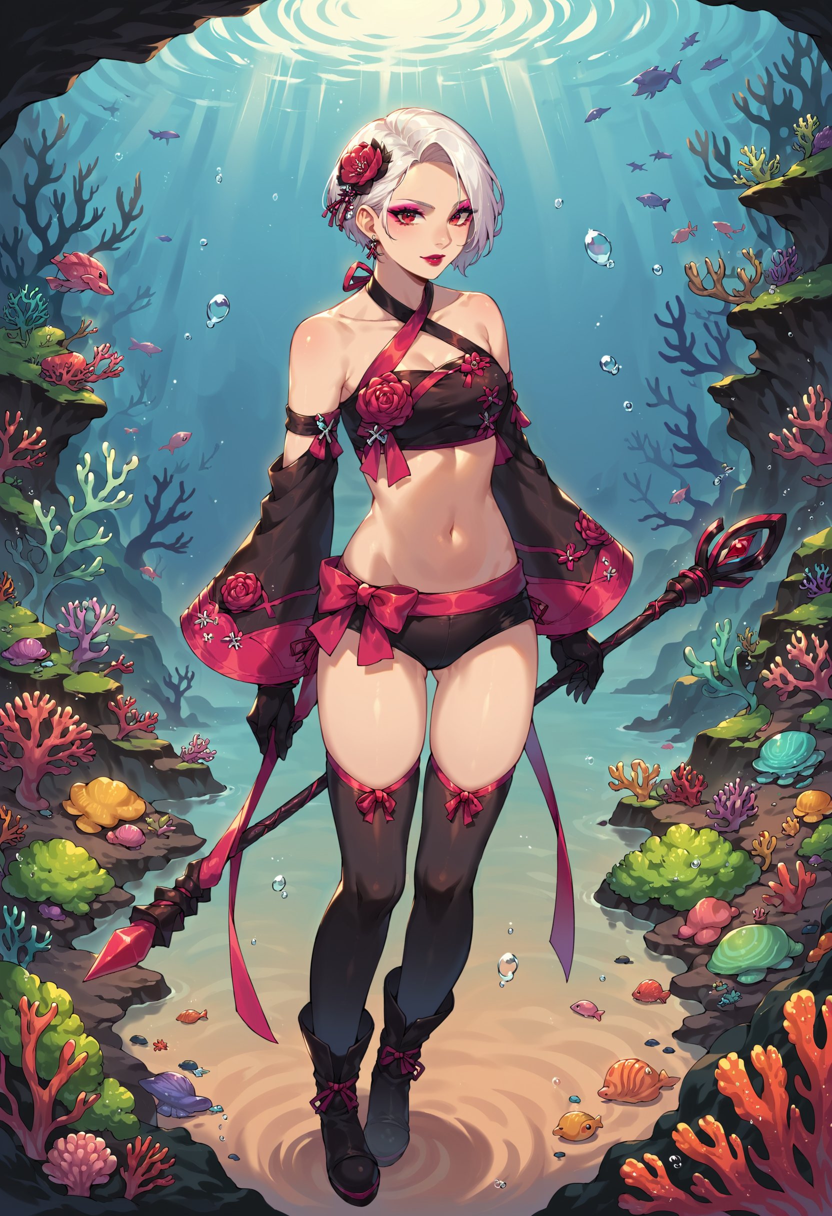 zPDXL, score_9, score_8_up, score_7_up, 1girl, full body, white hair, red eyes, pixie cut, red lipstick, pastel eyeshadow, holding weapon, holding staff, underwater, coral reef,<lora:Shisui_Caster_FFXIV:.8> shisuicaster, detached sleeves, criss-cross halter, boots, bandeau, black thighhighs, gloves, hair flower , navel,  bare shoulders, midriff