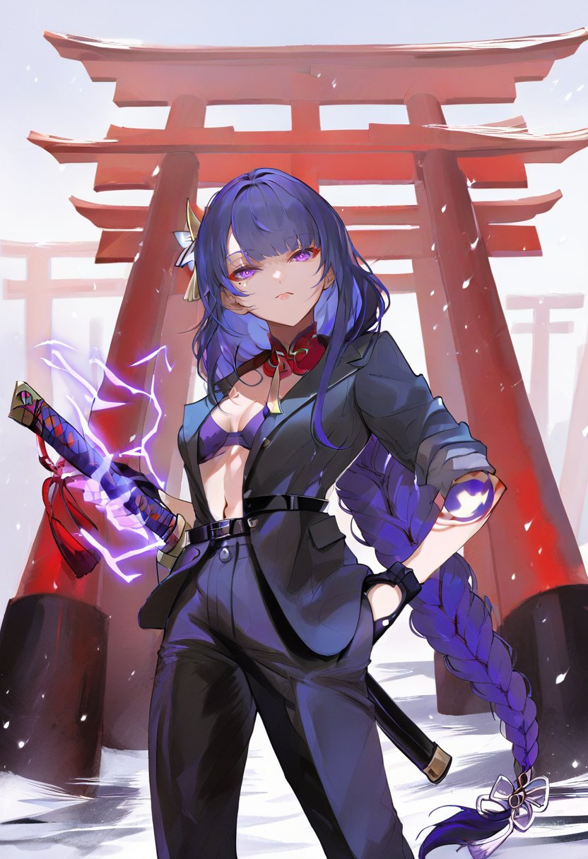 score_9, score_8_up, score_7_up, score_6_up, <lora:KuroshiroXL_P6_lokr_V53P1:0.95>  1girl, raiden shogun, weapon, sword, long hair, purple hair, solo, braid, torii, purple eyes, breasts, holding weapon, looking at viewer, bangs, pants, hair ornament, mole, gloves, electricity, katana, holding, mole under eye, black pants, hand in pocket, musou isshin \(genshin impact\), braided ponytail, navel, holding sword, black gloves, underwear, very long hair, belt, sheath, tattoo, bra, tomoe \(symbol\), suit, black jacket, formal, jacket, closed mouth, alternate costume, snow, single braid, standing, flower, cleavage, open clothes, outdoors