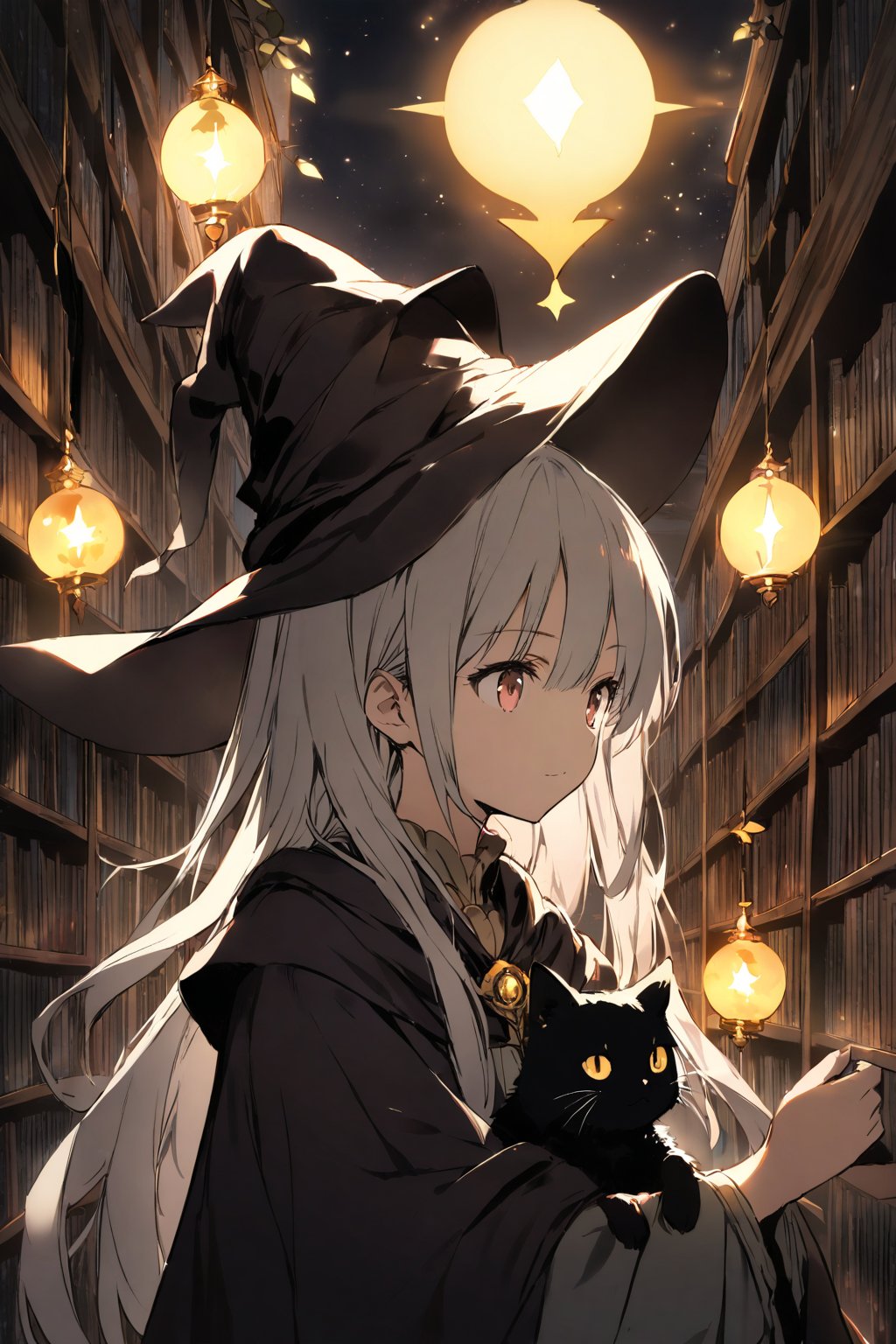 1girl, wizard, upper body, from front, illuminated by the moonlight, with her black cat familiar, Fantastically lit library, invoking magic,best quality, absurdres