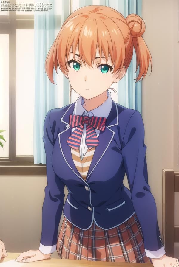 yuukiyoshino, <lora:yuuki yoshino s1-lora-nochekaiser:1>,yuuki yoshino, short hair, twintails, (green eyes:1.3), hair bun, orange hair, double bun,BREAK bow, school uniform, striped, bowtie, blazer, striped bowtie, blue blazer, brown skirt, plaid skirt, plaid,BREAK indoors, kitchen,BREAK looking at viewer, (cowboy shot:1.5),BREAK <lyco:GoodHands-beta2:1>, (masterpiece:1.2), best quality, high resolution, unity 8k wallpaper, (illustration:0.8), (beautiful detailed eyes:1.6), extremely detailed face, perfect lighting, extremely detailed CG, (perfect hands, perfect anatomy),