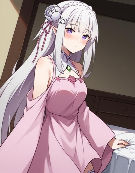 score_9, score_8_up, score_7_up, source_anime, <lora:rezero-emilia-s1s2-ponyxl-lora-nochekaiser:1>, emilia, braid, crown braid, flower, hair flower, hair ornament, hair ribbon, long hair, pointy ears, purple eyes, white hair, x hair ornament,, long sleeves, dress, bare shoulders, wide sleeves, pink dress, thighhighs, zettai ryouiki,, indoors, bed, bed room, on side, blush, drunk, looking at viewer, solo,, cowboy shot, dutch angle