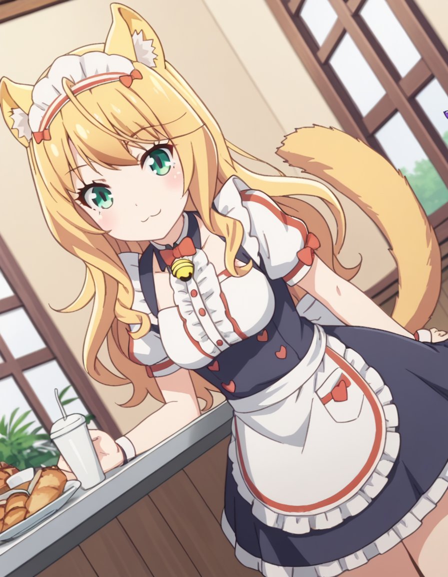 score_9, score_8_up, score_7_up, source_anime,nekoparamaple, <lora:nekopara-maple-s1-ponyxl-lora-nochekaiser:1>,maple, long hair, blonde hair, animal ears, green eyes, ahoge, cat ears, animal ear fluff, cat girl,dress, bow, tail, short sleeves, frills, bowtie, apron, cat tail, maid, maid headdress, bell, cat girl, waist apron, jingle bell, neck bell, waitress,indoors, cafe, bent over, smile,looking at viewer, solo, cowboy shot, dutch angle,