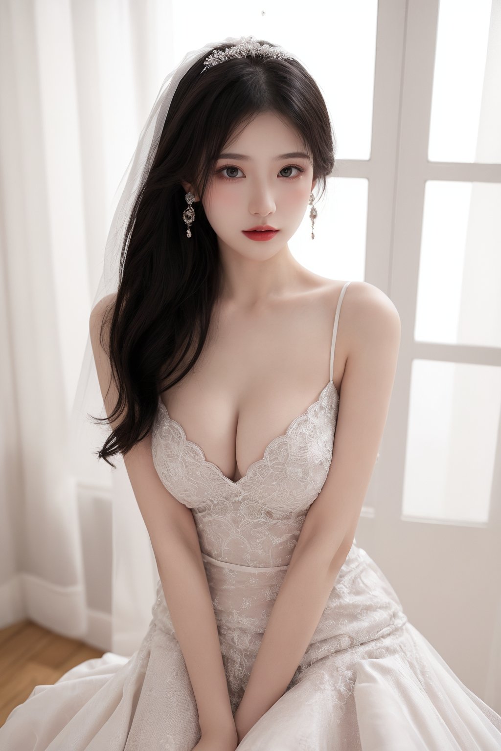 1girl, black hair, breasts, bridal veil, cleavage, curtains, dress, earrings, indoors, jewelry, lips, lipstick, long hair, medium breasts, realistic, sitting, solo, veil, wedding dress, white dress, window  <lora:婚纱:0.8>