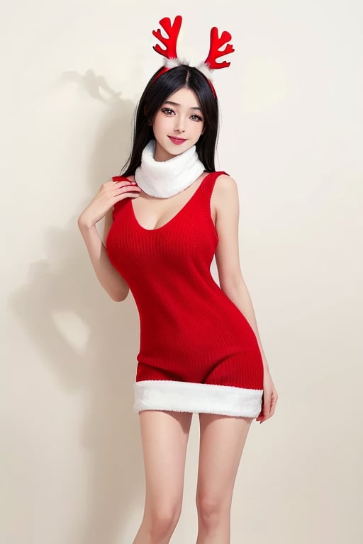 1girl,solo,realistic,black hair,smile,cleavage,looking at viewer,<lora:dt-000002:0.6>,christmas uniforms,christmas,medium breasts,sweater,simple background,white_background,standing,full body,antlers,