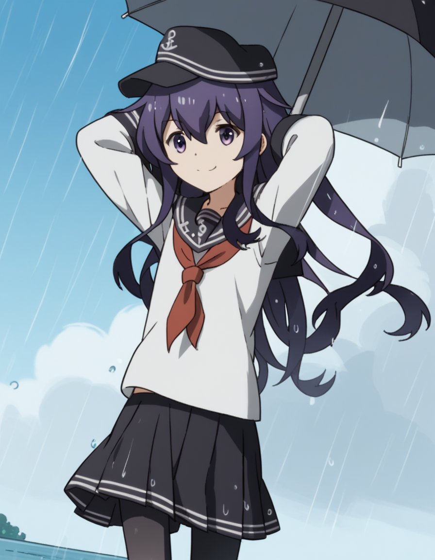 score_9, score_8_up, score_7_up, source_anime, <lora:kancolle-akatsuki-s1-ponyxl-lora-nochekaiser:1>, akatsuki, long hair, hair between eyes, purple eyes, purple hair, akatsuki (kancolle), skirt, shirt, long sleeves, hat, school uniform, pantyhose, pleated skirt, serafuku, black skirt, sailor collar, neckerchief, black pantyhose, red neckerchief, anchor symbol, flat cap,, rainy day, umbrella, walking home, puddles, wet hair, , , hands behind head, smile,, solo,, cowboy shot, dutch angle