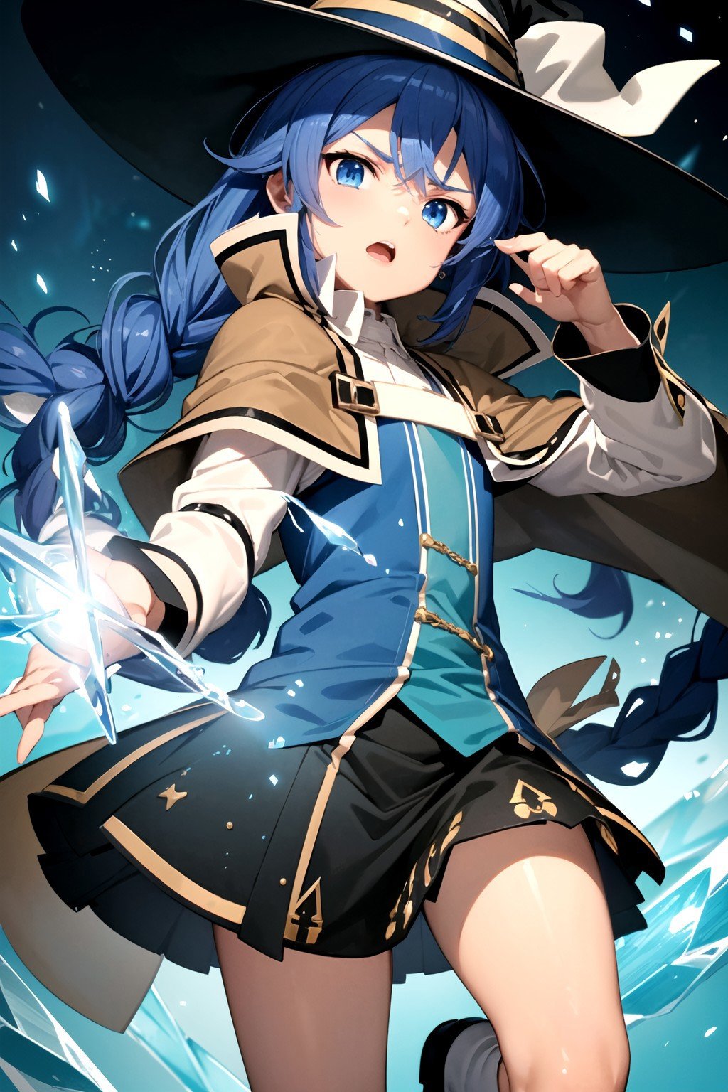 (masterpiece:1.4), (best quality:1.4), (((pixel-perfect, detail-perfect))), 1girl, solo, roxy migurdia, blue hair, long hair, hair between eyes, twin braids, blue eyes, small breasts, witch hat, white collared shirt, long sleeves, wide sleeves, white capelet, brown cape, long cape, black skirt, white boots, holding wizard staff, (casting spell, floating hair, floating clothes, blue light particles, ice magic, open mouth, serious:1.35), flat, flat colors, 2D, (anime:1.35),  <lora:Roxy Migurdia (Mushoku Tensei):0.7>