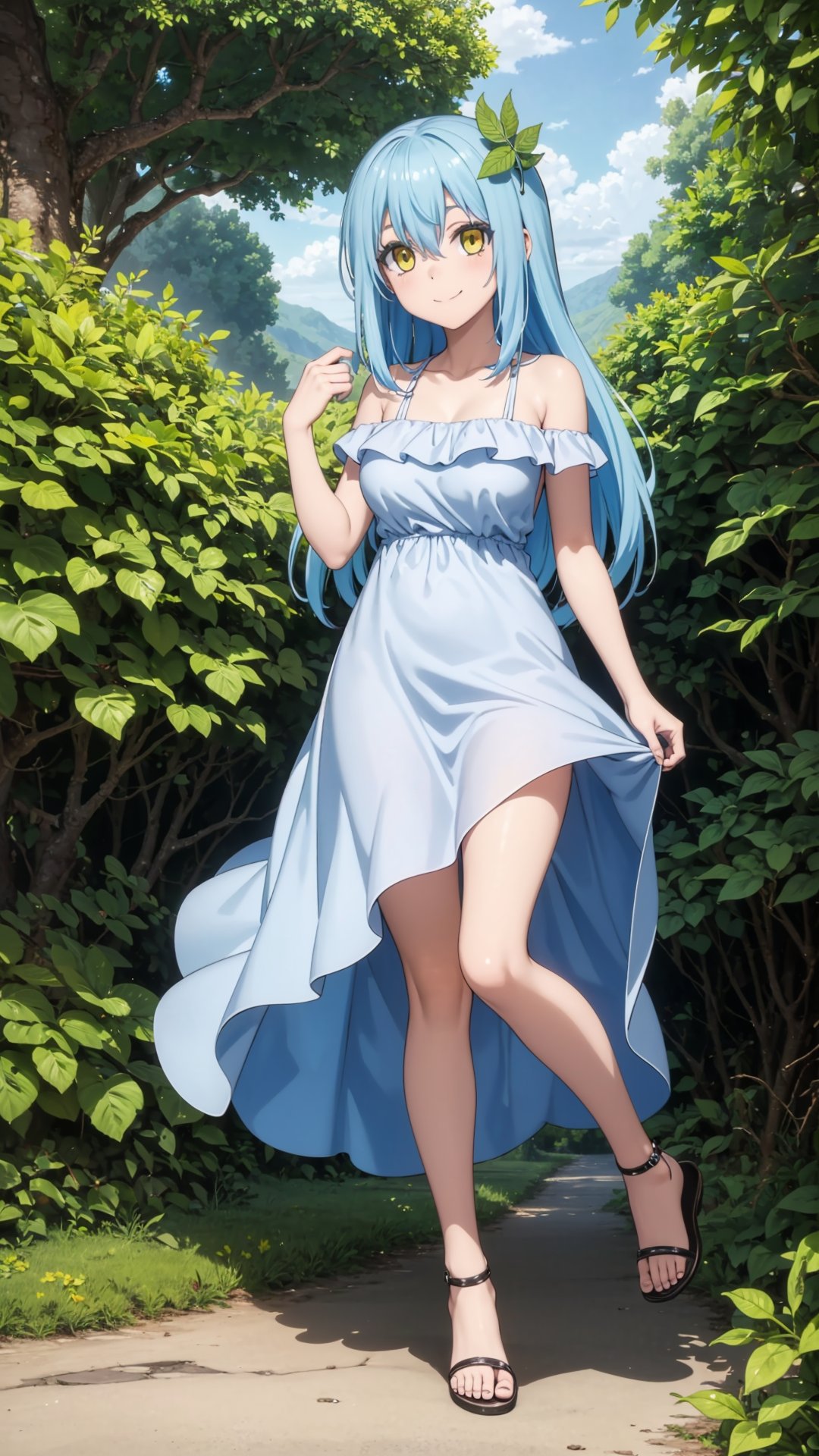 (masterpiece, best quality), ray tracing, absurdres, HDR,rimuru tempest, underground lake goddess, 1girl,yellow eyes,blue hair,large breasts , ,hair between eyes, long hair, solo, leaf hair ornament, dress, comic, , closed mouth, , smile, barefoot, off shoulder, bare arms ,looking at viewer, blush,sandals, <lora:rimuru_lake_goddess:0.7>