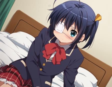 score_9, score_8_up, score_7_up, source_anime,rikkatakanashi, <lora:rikka-takanashi-s2-ponyxl-lora-nochekaiser:1>,rikka takanashi, short hair, blue eyes, black hair, ahoge, one side up, eyepatch, medical eyepatch,skirt, school uniform, jacket, plaid, kneehighs, plaid skirt, blazer, icho private high school uniform,indoors, bed, bed room, on side, blush, drunk,looking at viewer, cowboy shot, dutch angle, solo,