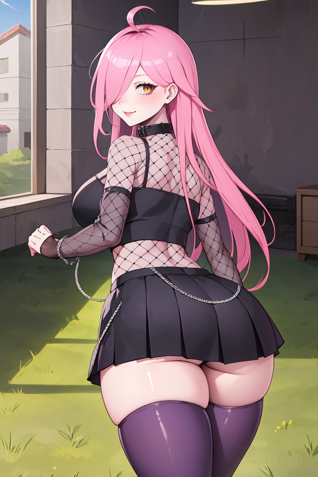 (masterpiece, best quality), NeneEfthyVT, yellow eye, hair covering one eye, long hair, pink hair, ahoge, collar, navel,  (black pads sleeve:1.2), collar with chain, black crop top, (mesh:1.3), purple skirt, black skirt, skirt, square skirt, (two tone skirt:1.3), (half color skirt:1.3), (thight mesh:1.3), ((purple thighhighs:1.3)), black boots, ((solo)), standing, from behind, big ass, looking back, seductive smile, room, indoors  <lora:NeneEfthyVT:0.7>