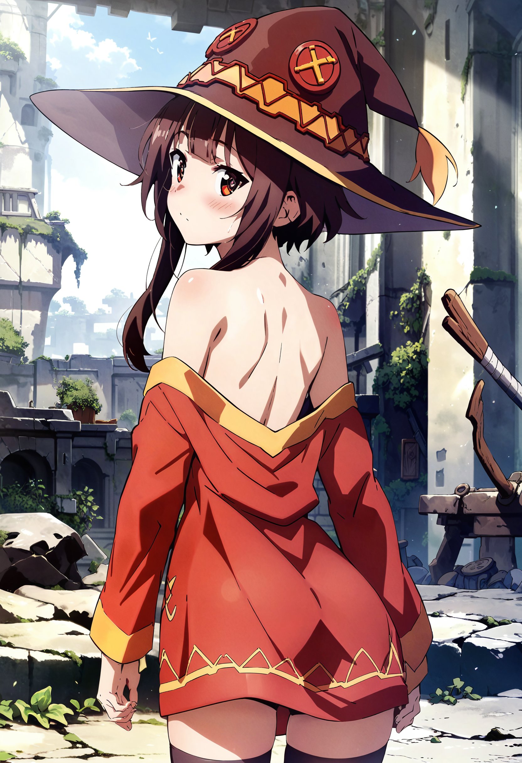 score_9,score_8_up,score_7_up,score_6_up,source_anime,<lora:MeMaXL_V3:1>,official art,megumin,light blush,looking at viewer,from behind,upper body,looking back,shy,ruins,outdoors,cowboy_shot,