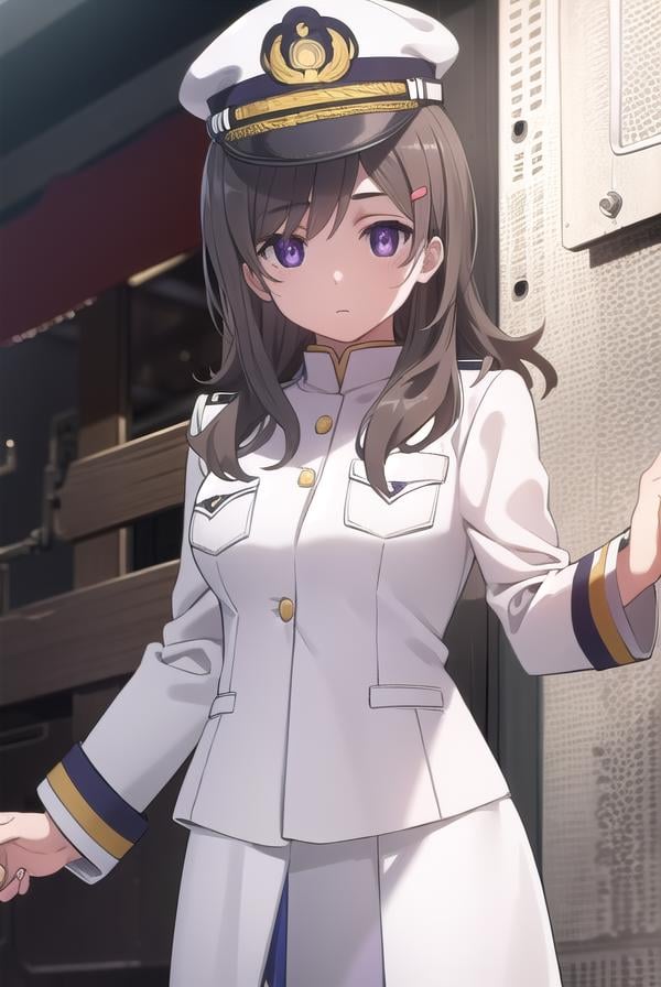 chinamoeka, <lora:china moeka s1-lora-nochekaiser:1>,china moeka, long hair, brown hair, (purple eyes:1.1),BREAK hair ornament, hat, hairclip, uniform, military, military uniform, peaked cap, naval uniform, (white uniform:1.5),BREAK outdoors, ship, navy,BREAK looking at viewer, (cowboy shot:1.5),BREAK <lyco:GoodHands-beta2:1>, (masterpiece:1.2), best quality, high resolution, unity 8k wallpaper, (illustration:0.8), (beautiful detailed eyes:1.6), extremely detailed face, perfect lighting, extremely detailed CG, (perfect hands, perfect anatomy),