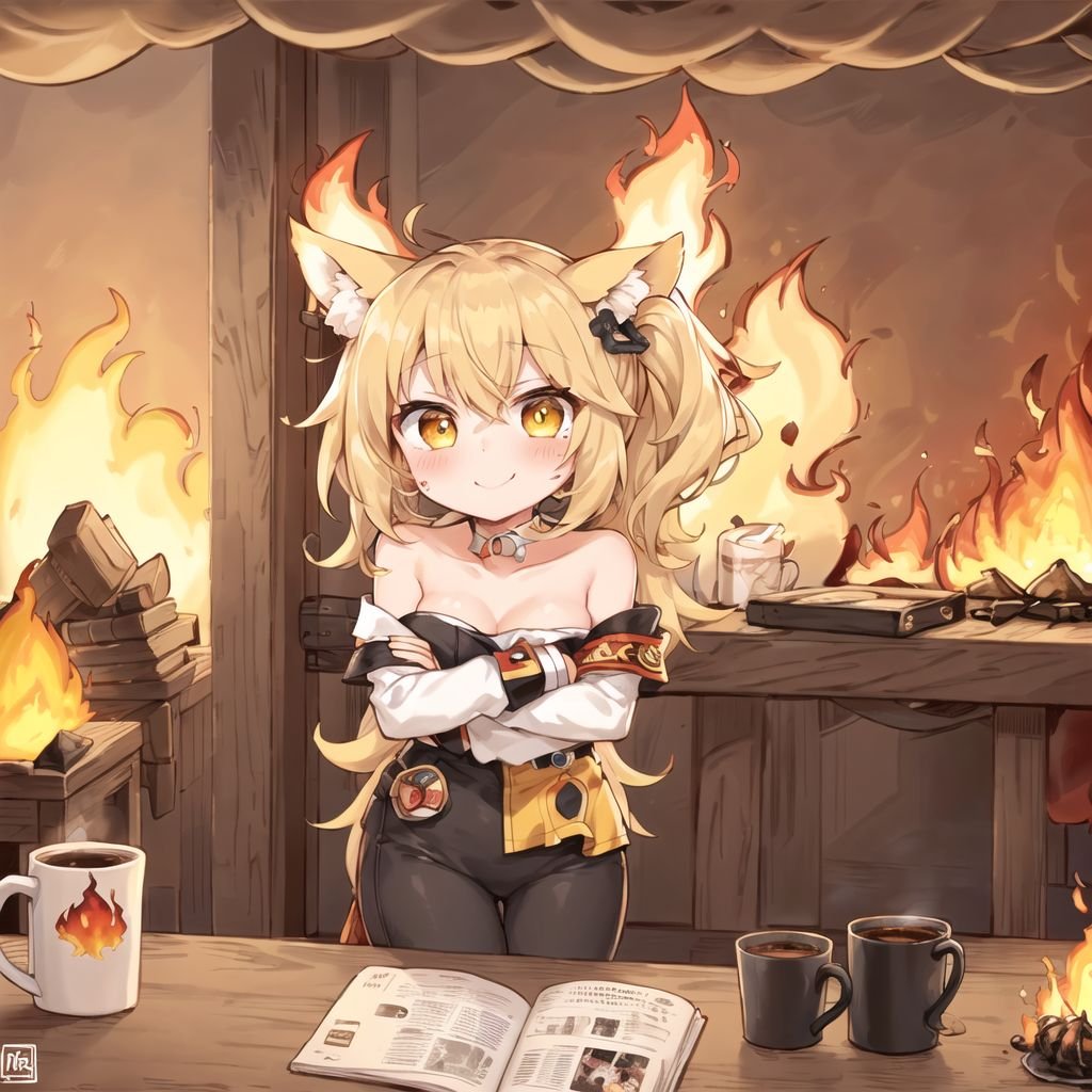 thisisfine, 1girl, mustard hair, side ponytail, crossed_arms, table, coffee_mug, steaming coffee, cute, dog_ears, staying positive, (surrounded by flames:1.2), fire, sitting, smoke  <lora:thisisfineV3:0.4>