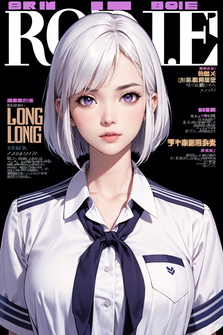 best quality, 8K ,((((dramatic))), hyper detailed ,cover magazine featuring a realistic sexy girl with, a pretty face, white hair, (bob long haircut style), purple eyes,(((sexy school uniform))) 