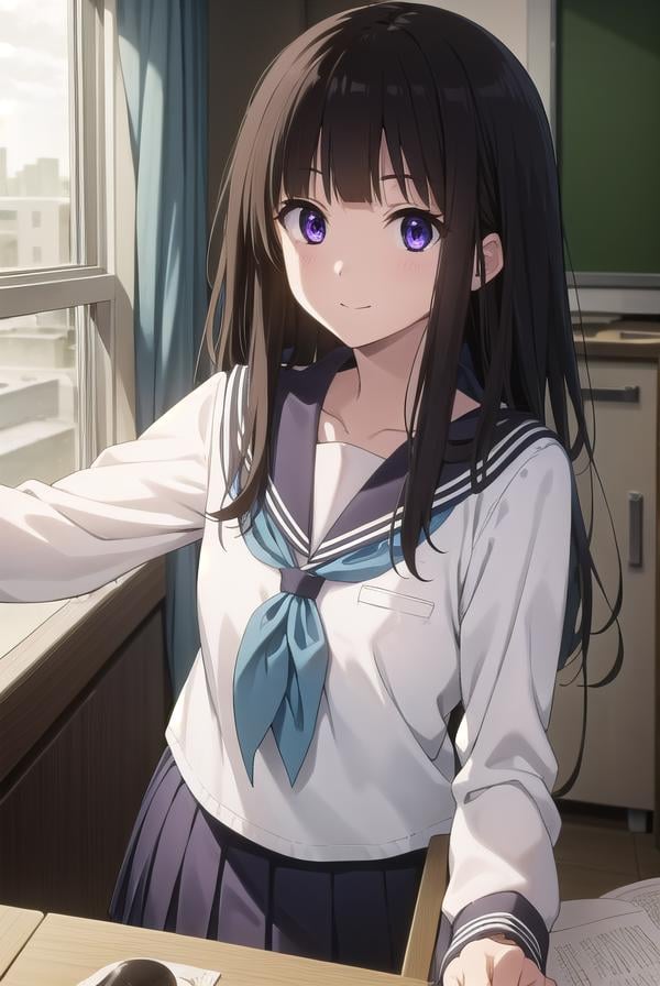 eruchitanda, <lora:eru chitanda s1-lora-nochekaiser:1>,eru chitanda, long hair, black hair, bangs, blunt bangs, (purple eyes:1.1), sidelocks, smile,BREAK skirt, school uniform, serafuku, kamiyama high school uniform \(hyouka\), black skirt, long sleeves, black sailor collar,BREAK indoors, classroom,BREAK looking at viewer, (cowboy shot:1.5),BREAK <lyco:GoodHands-beta2:1>, (masterpiece:1.2), best quality, high resolution, unity 8k wallpaper, (illustration:0.8), (beautiful detailed eyes:1.6), extremely detailed face, perfect lighting, extremely detailed CG, (perfect hands, perfect anatomy),