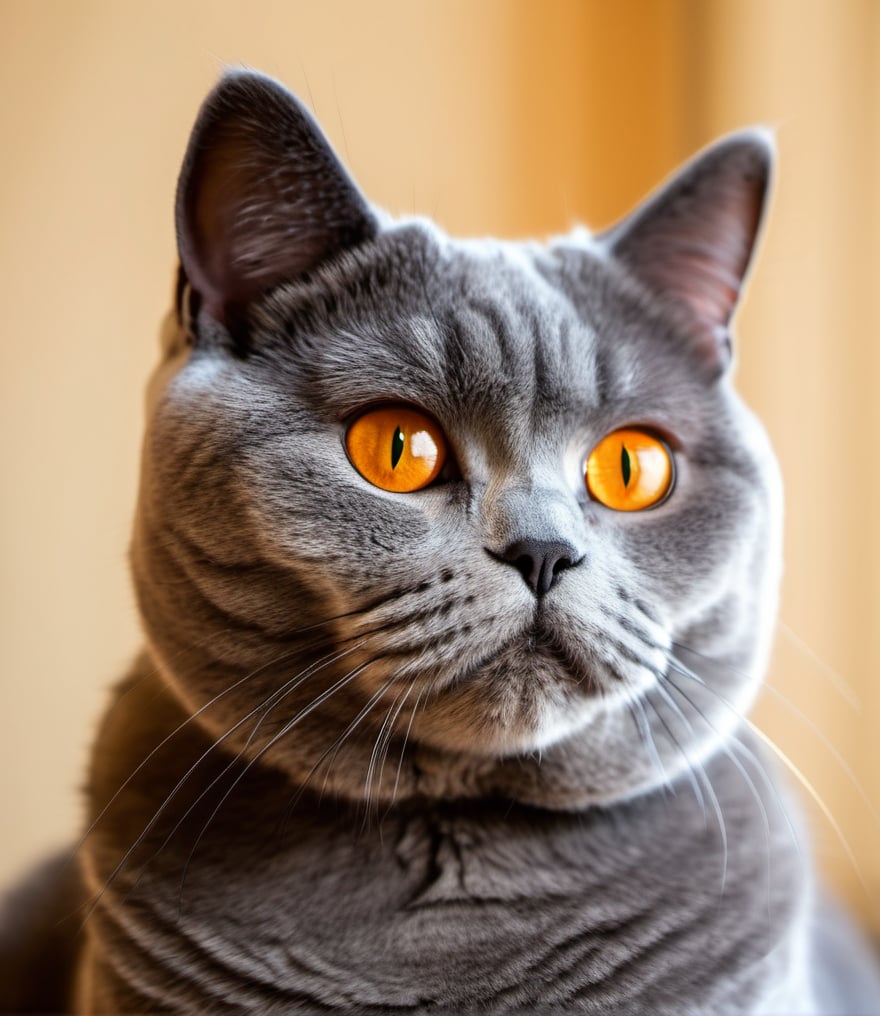 ,portrait of a grey British Shorthair cat with striking orange eyes,neutral background,looking upwards,detailed fur texture,sharp focus on the face with blurred background,natural lighting,soft shadows across the fur,domestic feline,serene expression,high-quality photograph,<lora:真实大模型-000002:0.6>