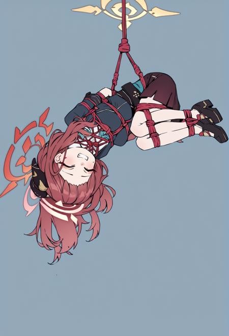 blue archive, aru (blue archive), long hair, smug, red hair, halo, closed eyes, blue background, simple background, full body, hanging, shibari, upside-down, <lora:rabbit_hole:1>, score_9, score_8_up, score_7_up, score_6_up, score_5_up, score_4_up, BREAK source_anime, masterpiece