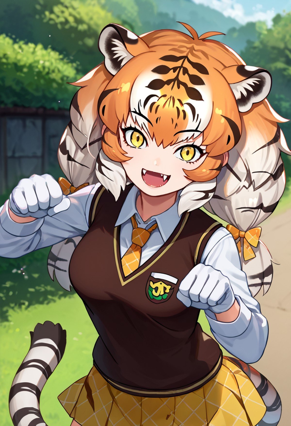 score_9, score_8_up, score_7_up, source_anime, solo, 1girl, kfsibtiger, tiger girl, tiger print, happy, looking at viewer, fangs, paw pose, twintails, hair bow, animal ears, animal ear fluff, brown vest, sweater vest, emblem, white shirt, collared shirt, yellow necktie, plaid necktie, long sleeves, white gloves, yellow skirt, print thighhighs, tiger tail, outdoors <lora:kemonofriends_siberiantiger_ponyXL:1>