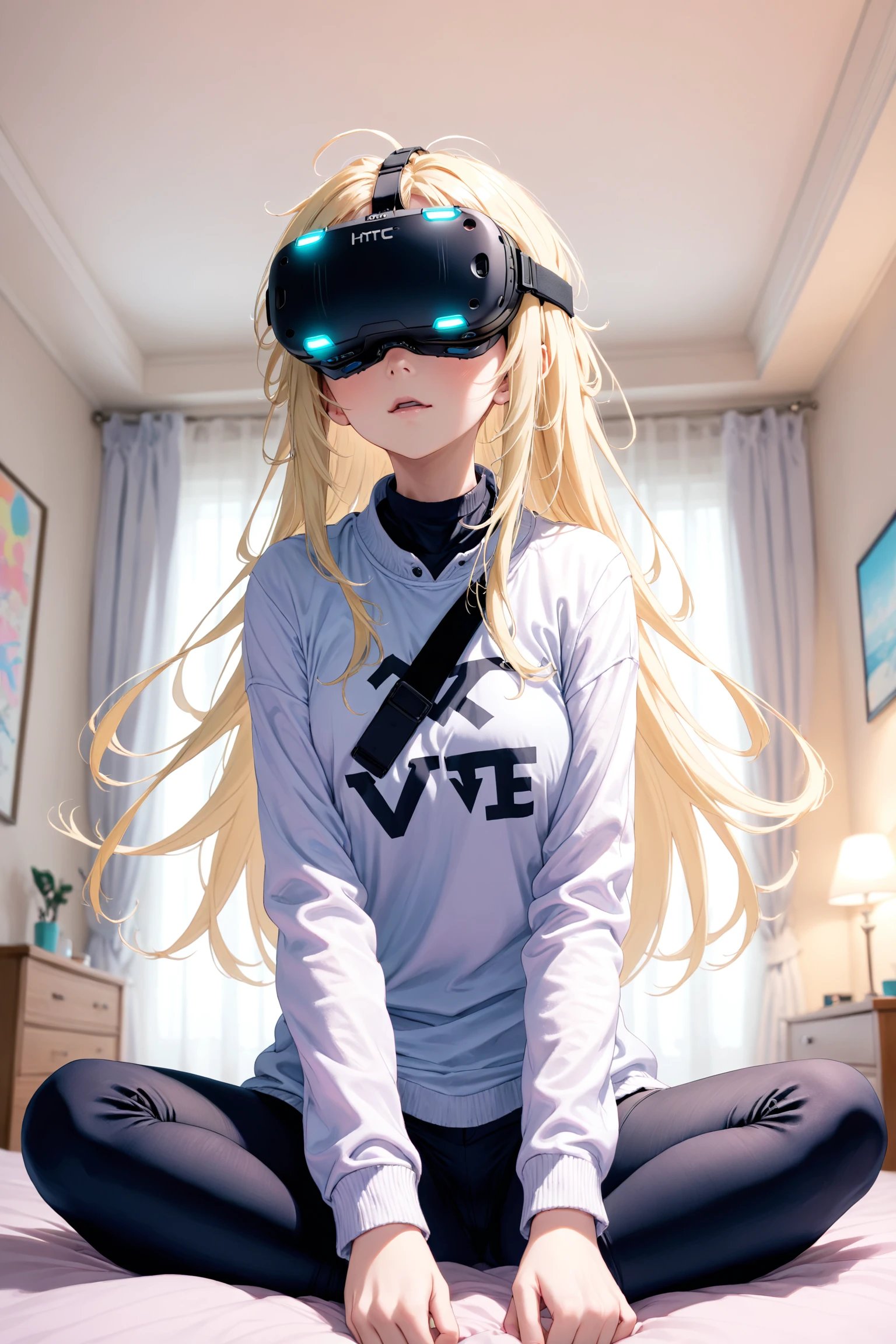 anime, pastel colors, girl, sitting on bed, wearing vr goggle, HTC Vive, blonde hair, long hair, casual clothes, bedroom, bokeh, dynamic, from below