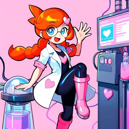 score_9_up, score_8_up, score_7_up, score_6_up, best quality, masterpiece, source_cartoon, detailed background, pink background, (lab, laboratory, machines, computer:1.5), BREAK 1girl, solo, penny_(\warioware\), large head, orange hair, blue eyes, braids, glasses, pink hairpin, labcoat, black bodysuit, pink boots, short sleeves, smile, open mouth, standing, waving, one leg up, looking at viewer  <lora:PDXL_Penny_WW:1>