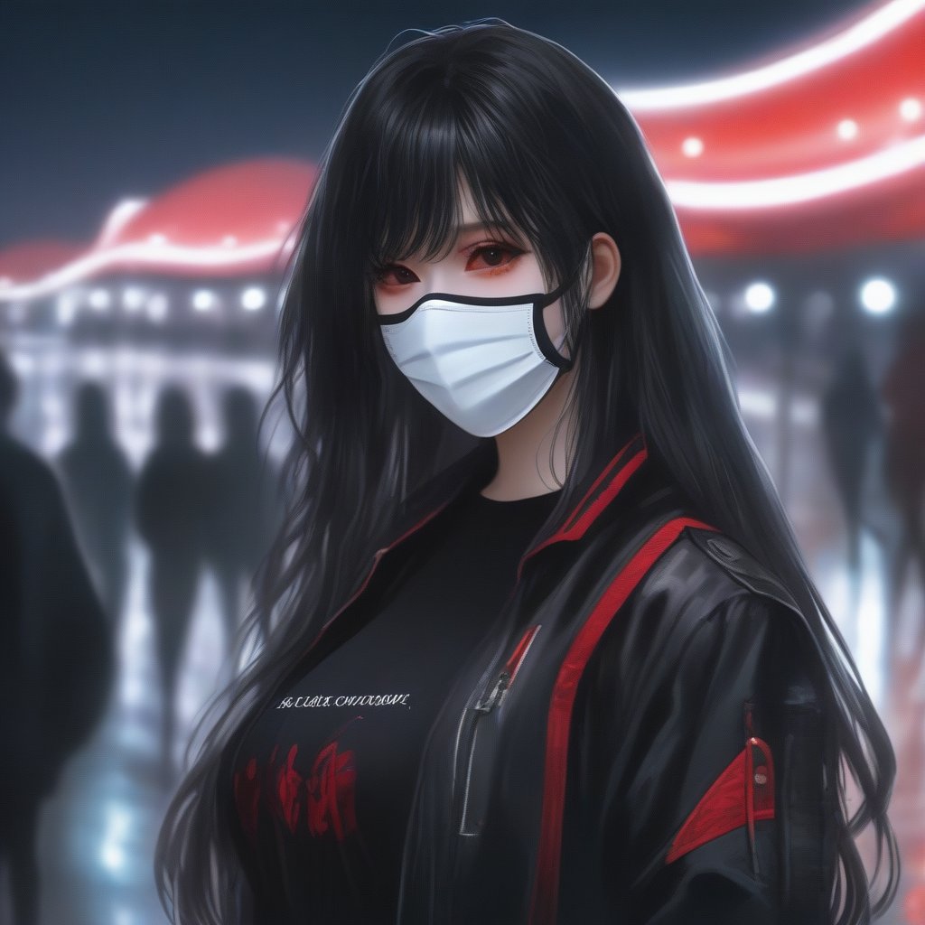 <lora:厚涂风格-000007:0.8>,1girl, solo, black hair, long hair, shirt, halo, black shirt, bangs, mask, mouth mask, looking at viewer, open jacket, closed mouth, upper body, open clothes, jacket, black jacket, red lips, outdoors, very long hair, glowing, mask pull, black eyes, breasts,