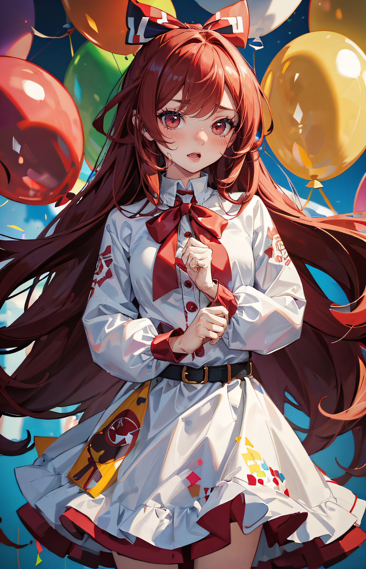 a girl covered in multi colored ballons in a birthday party, skirty, long sleeves, long hair, red hair ribbon, red eyes, epic scene, best composition, (masterpiece, best quality, hires, high quality, by professional artist, ultra detailed, extremely detailed, absurdres, incredibly resolution:1.2)