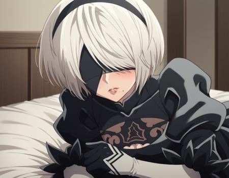 score_9, score_8_up, score_7_up, source_anime,2b, <lora:2b-s1-ponyxl-lora-nochekaiser:1>,2b, yorha no. 2 type b, short hair, white hair, hairband, mole, black hairband, mole under mouth, blindfold, covered eyes, black blindfold,gloves, long sleeves, dress, puffy sleeves, black dress, clothing cutout, cleavage cutout, juliet sleeves, feather-trimmed sleeves,indoors, bed, bed room, on side, blush, drunk,solo, dutch angle, looking at viewer, cowboy shot,