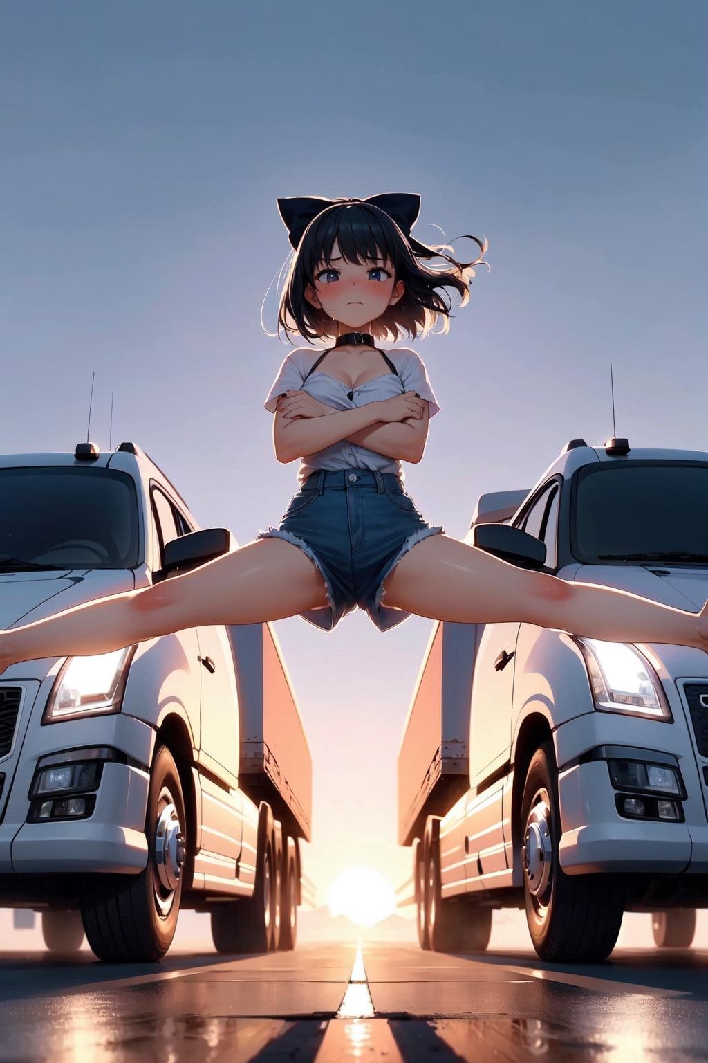 (((masterpiece))), (((best quality))), (((from below))), (((barefoot))), (((epic split))), ((crossed arms)), ((spread legs)), ((outstretched legs)), sky, wind, flare, sunrise, volvo, truck, desert road, center line, distant sierra, vanishing point, closed mouth, collar shirt, shorts, scenery, feet away the ground, solo, 1girl, black hair, braid, hair bow, sweat, cleavage, big tits, shy, blush, slim figure,<lora:girllikeepicsplit:0.8>