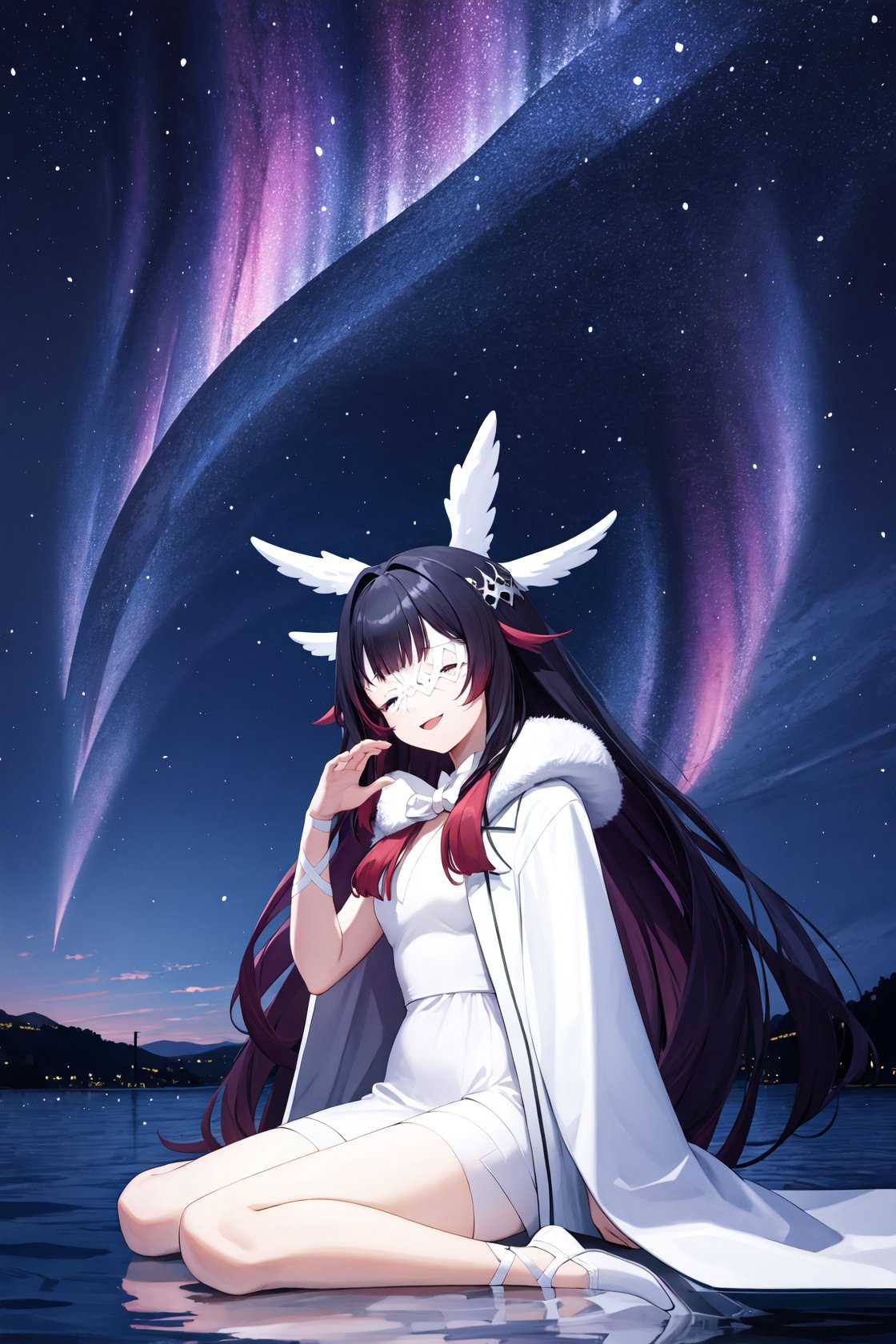 <lora:少女v2-000007:1:lbw=char>,shaonv,1girl,solo,white mask,head wings,fur-trimmed coat,smile,white coat,white bow,white dress,white ribbon,aurora,city lights,cloud,crescent moon,fireflies,horizon,light particles,milky way,moon,night,night sky,shore,sitting,sky,skyline,snowing,space,star \(sky\),starry background,starry sky,twilight,water,, (masterpiece,best quality,high quality:1.2),absurdres,