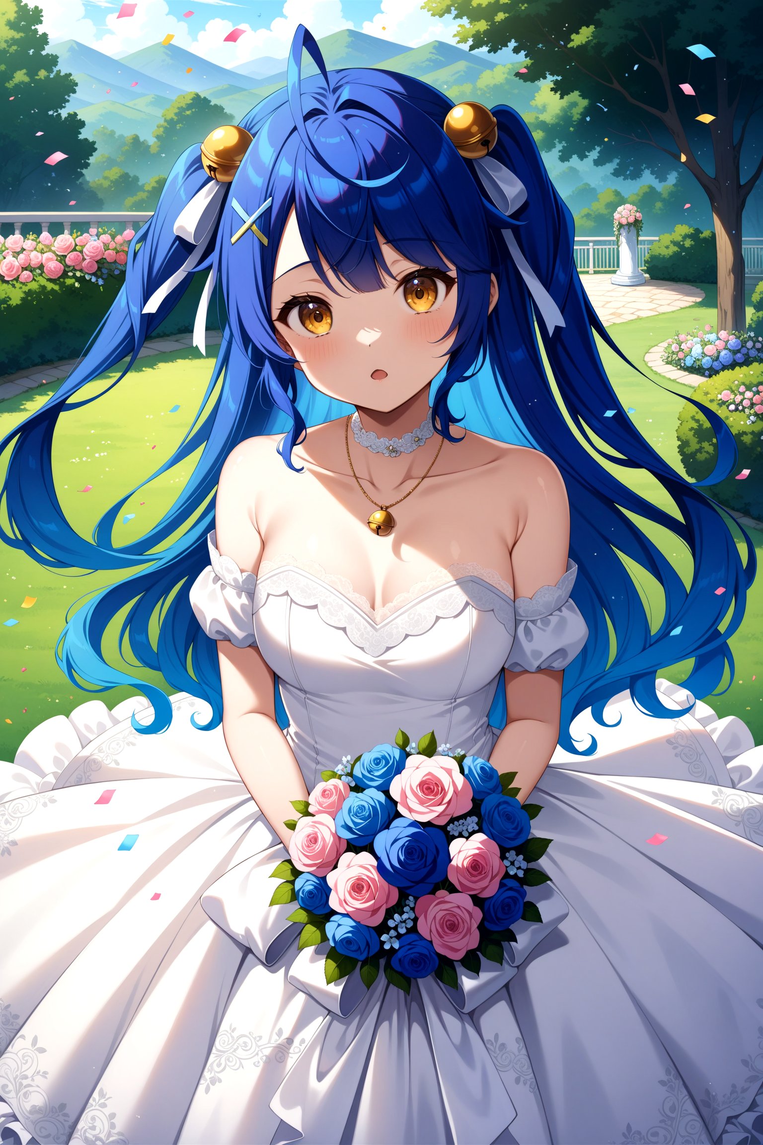 (masterpiece, best quality, very aesthetic, ultra detailed), intricate details, anime style, 4k, aamya, long hair, ahoge, two side up, hair ribbon, hair bell, x hair ornament, <lora:amamiya_kokoro_xl(anima)_v1:0.9>, wedding dress, white dress, strapless, necklace, white gloves, garden, holding bouquet, confetti,