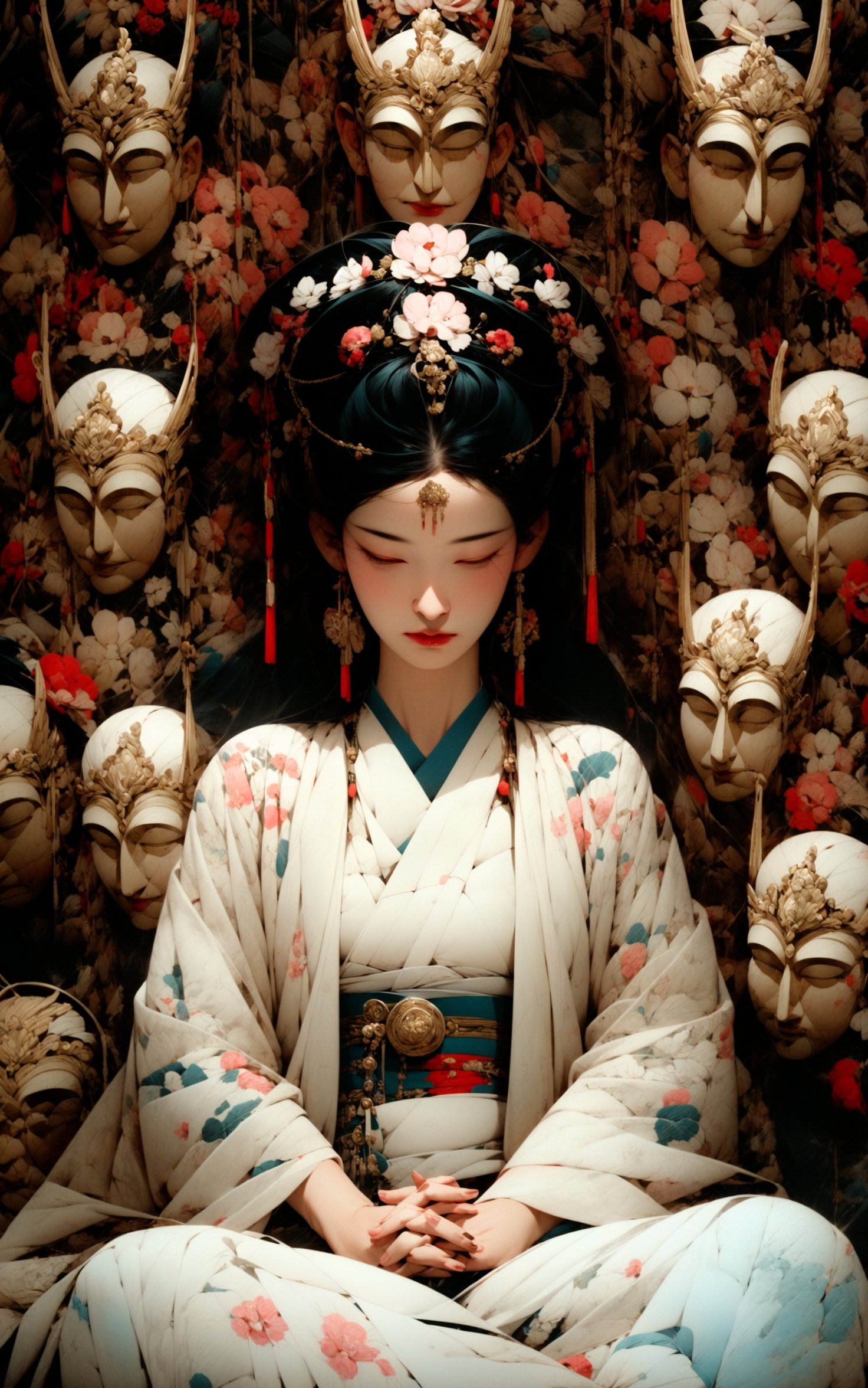 a woman meditating in front of lots of masks, in the style of zhang jingna, photomontage, hirohiko araki, oriental, sergio toppi, theatrical, poster art， <lora:绪儿已成精-佛:0.8>