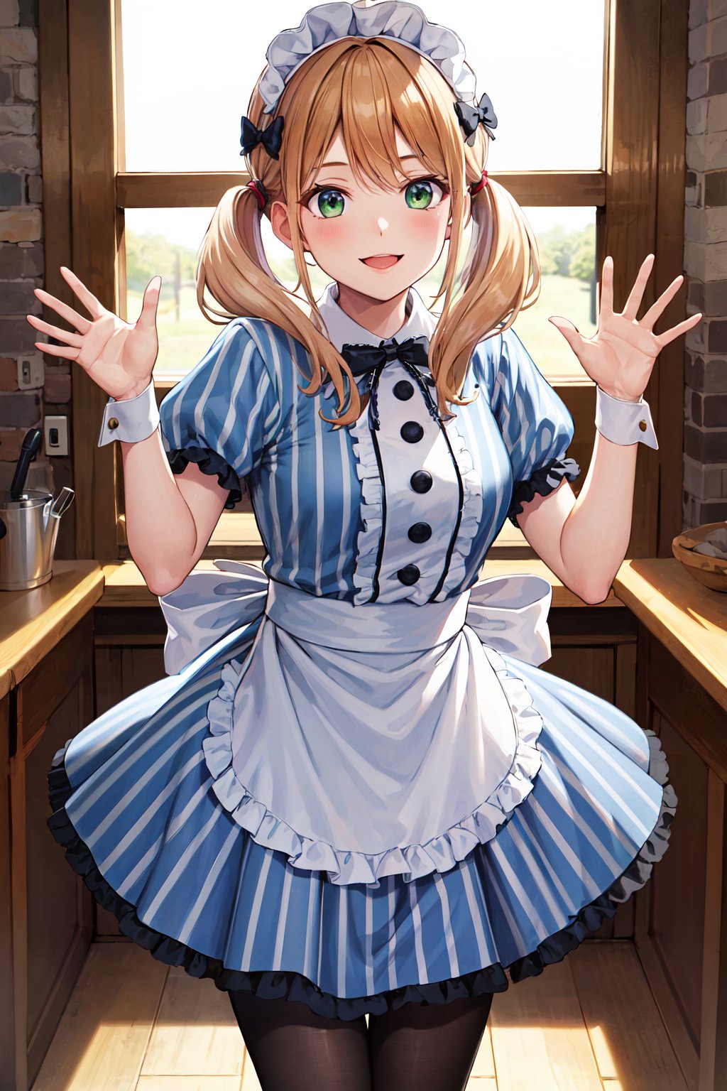 masterpiece, best quality, highres, 1girl, solo, blonde hair, low twintails, maid headdress, hair bow, green eyes, neck ribbon, frills, vertical stripes, blue dress, short sleeves, apron, black pantyhose, <lora:tsukishima_riho_v1:0.7>, smile, waving, standing, cowboy shot,