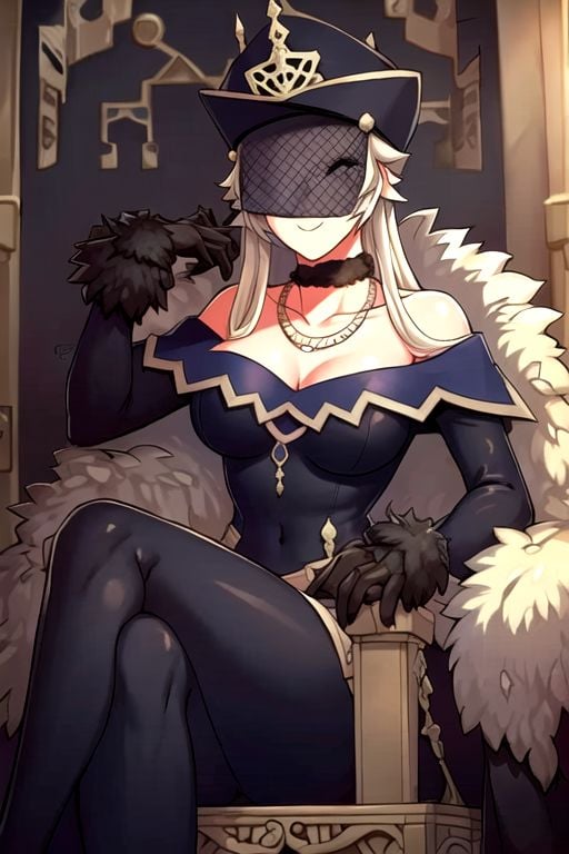 gremory, white long hair,hat with veil,fur trim,choker, necklace, black long dress, balt, in castle, sitting in chair,solo