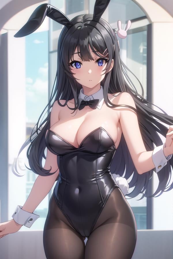 maisakurajima, <lora:mai sakurajima s1-lora-nochekaiser:1>, mai sakurajima, long hair, bangs, (black hair:1.5), hair ornament, (purple eyes:1.1), hairclip, rabbit hair ornament,BREAK bow, animal ears, cleavage, bare shoulders, pantyhose, bowtie, black footwear, rabbit ears, high heels, leotard, black pantyhose, strapless, black bow, detached collar, fake animal ears, playboy bunny, black leotard, strapless leotard, thighband pantyhose, black bowtie,BREAK indoors, library,BREAK looking at viewer, (cowboy shot:1.5),BREAK <lyco:GoodHands-beta2:1>, (masterpiece:1.2), best quality, high resolution, unity 8k wallpaper, (illustration:0.8), (beautiful detailed eyes:1.6), extremely detailed face, perfect lighting, extremely detailed CG, (perfect hands, perfect anatomy),