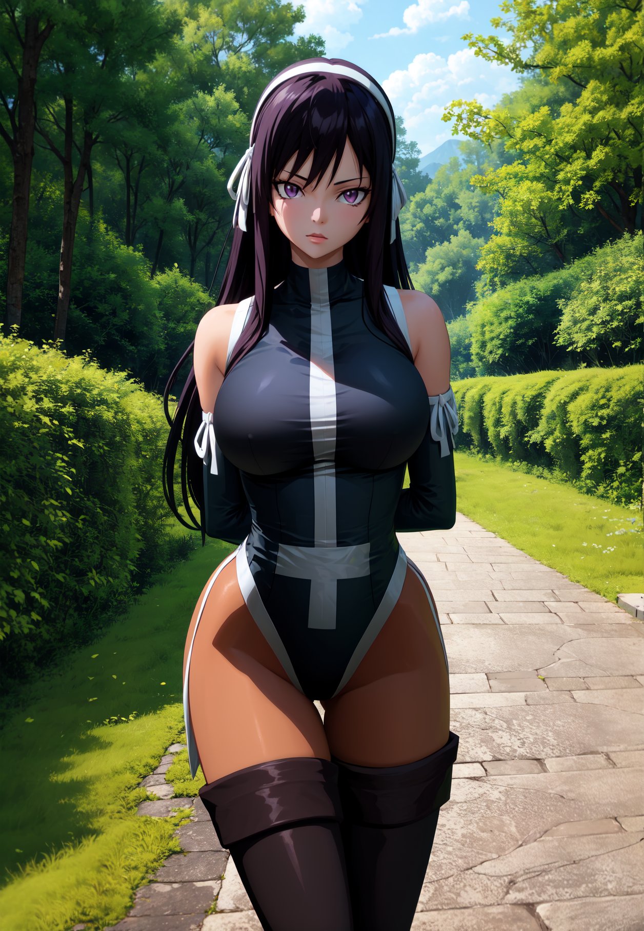 masterpiece, best quality, very aesthetic, ultra detailed, intricate details, 4k, anime style,MilkovichAi, 1girl, solo, black hair, purple eyes, hair ribbon, white hairband, hairband, long hair, breasts, large breasts,thighhighs, gloves, ribbon, pantyhose, boots, elbow gloves, leotard, thigh boots,cowboy shot, looking at viewer, arms behind back, forest, outdoors, tree, sunlight, cloudy, <lora:Milkovich:1>