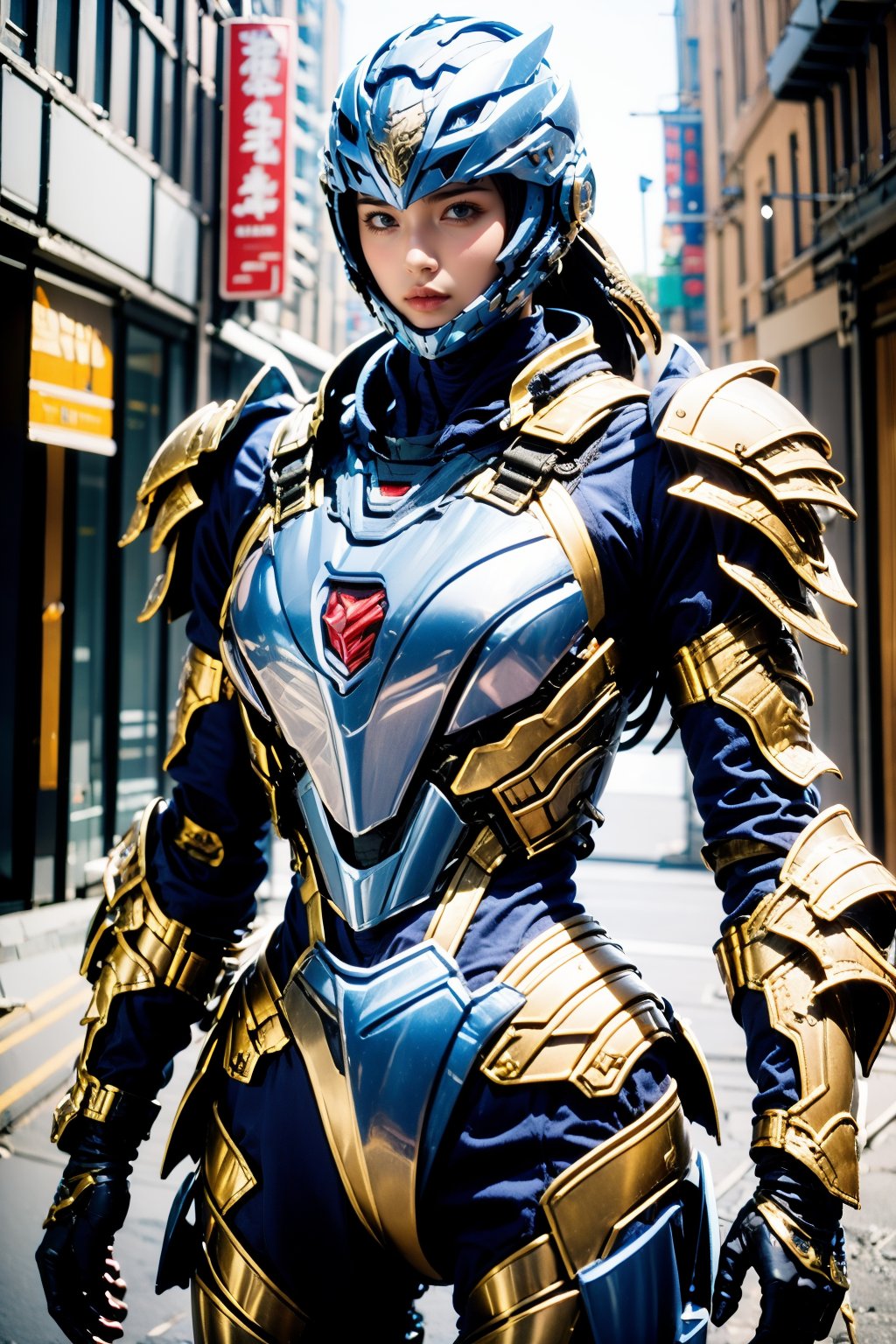 1girl,blue armor,outdoors,street,