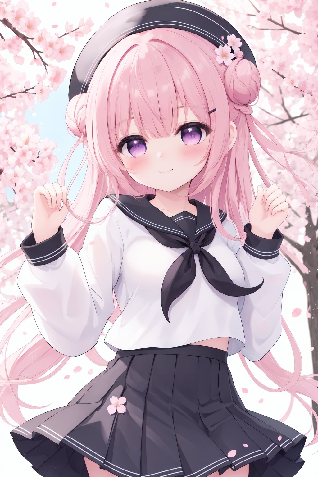 1girl, solo, hair bun, hat, pleated skirt, braid, long hair, purple eyes, cherry blossoms, serafuku, hair ornament, hairclip, bangs, closed mouth, long sleeves, smile, black serafuku, neckerchief, blush, looking at viewer, sailor collar, pink flower, double bun, black headwear, black sailor collar, petals, hand up, outdoors, blurry, hair ribbon, depth of field, puffy long sleeves, tree,